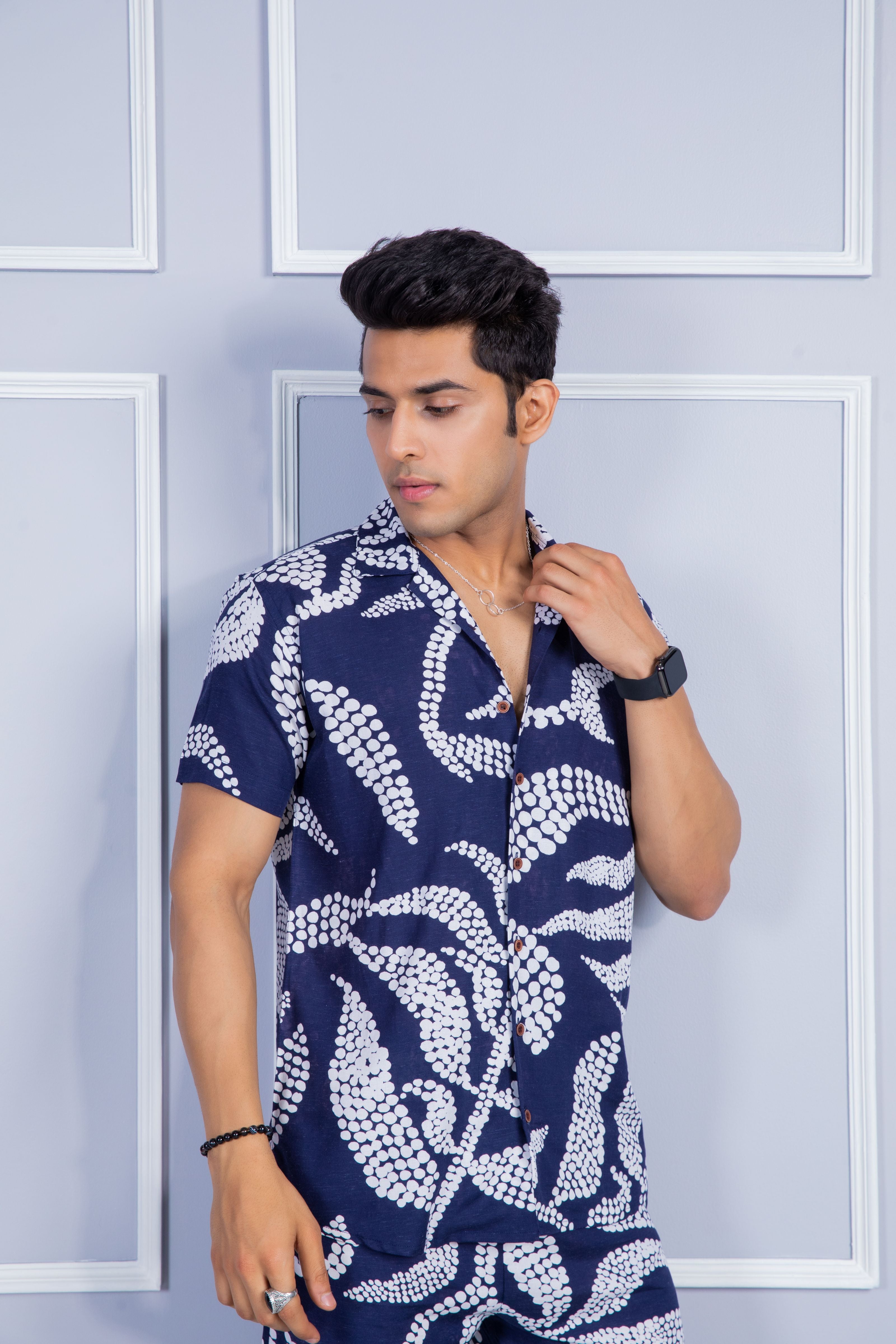 Firangi Yarn Printed Cuban Collar Blue Floral Summer Lounge and Beach Co-ord Set For Men
