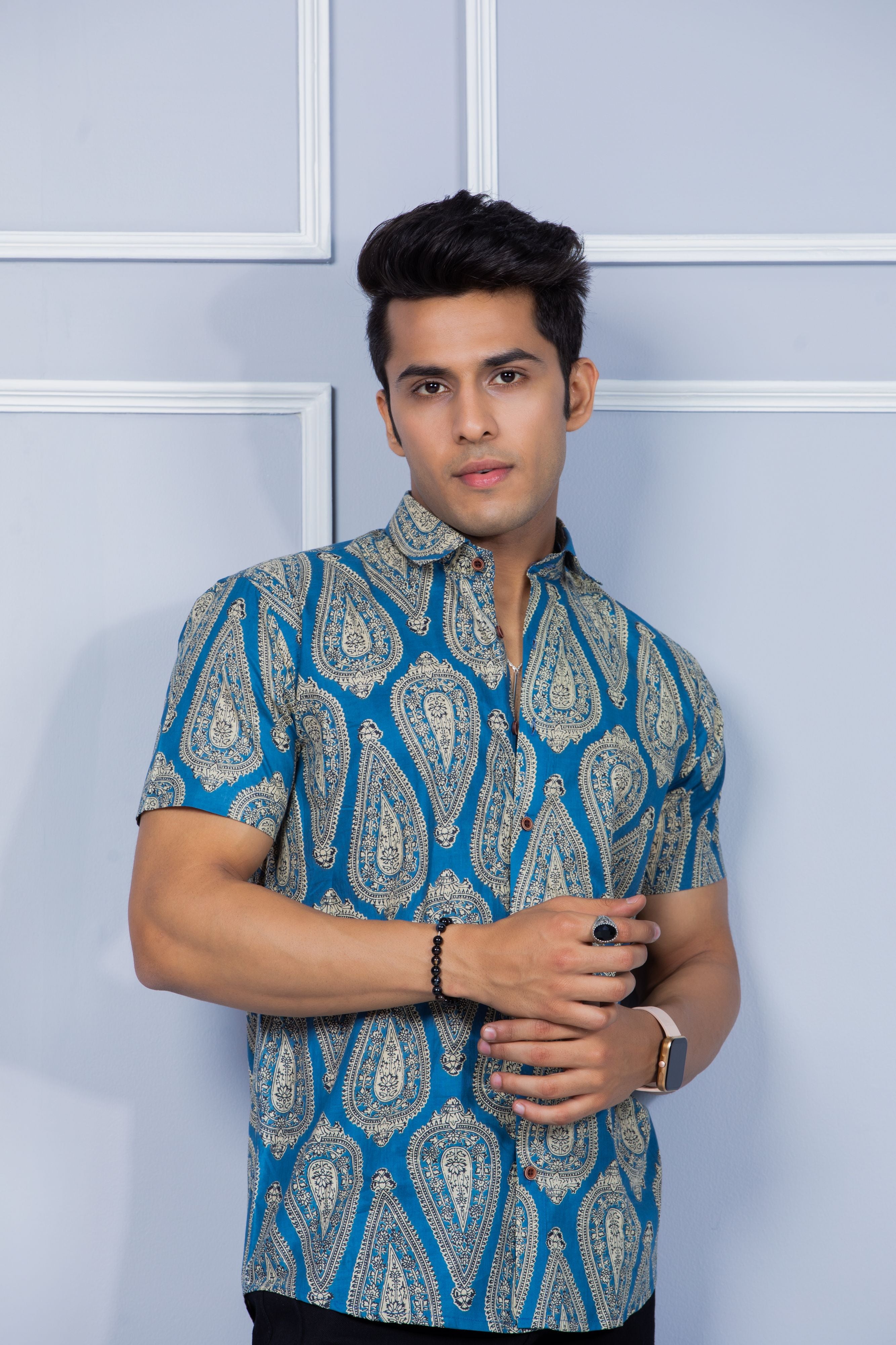 Firangi Yarn Ethnic Floral Printed Cotton Jaipuri Blue Shirt For Men