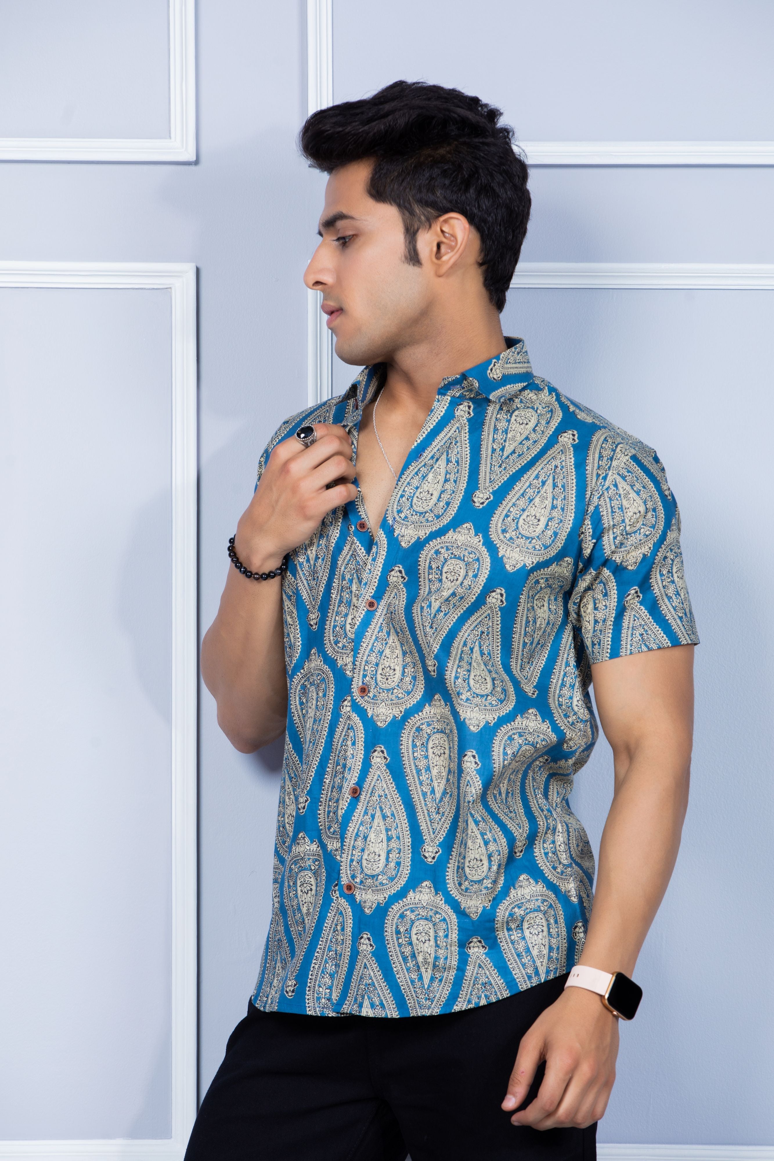 Firangi Yarn Ethnic Floral Printed Cotton Jaipuri Blue Shirt For Men