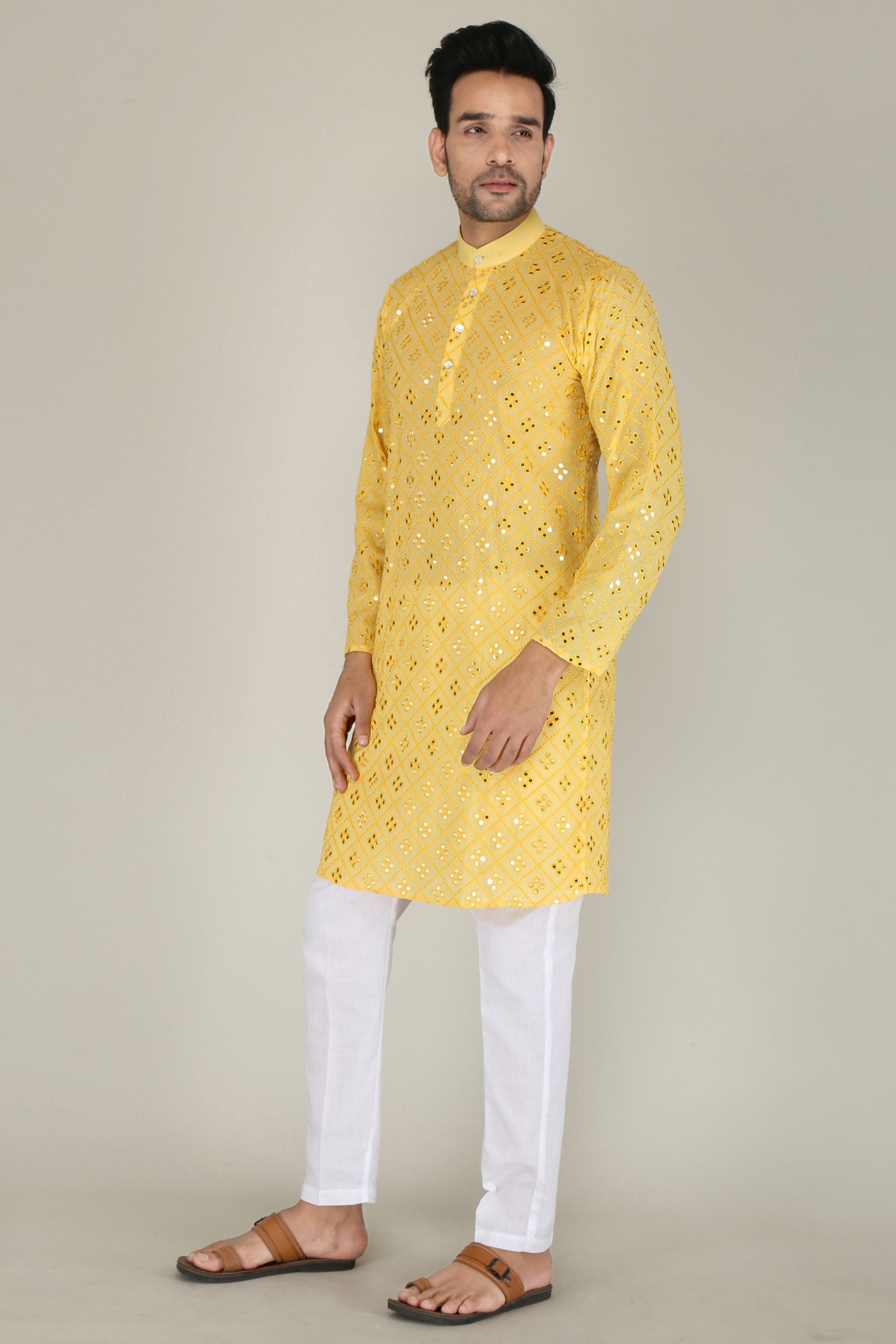 Firangi Yarn Yellow Chikan & Mirror Work Cotton Kurta For Men