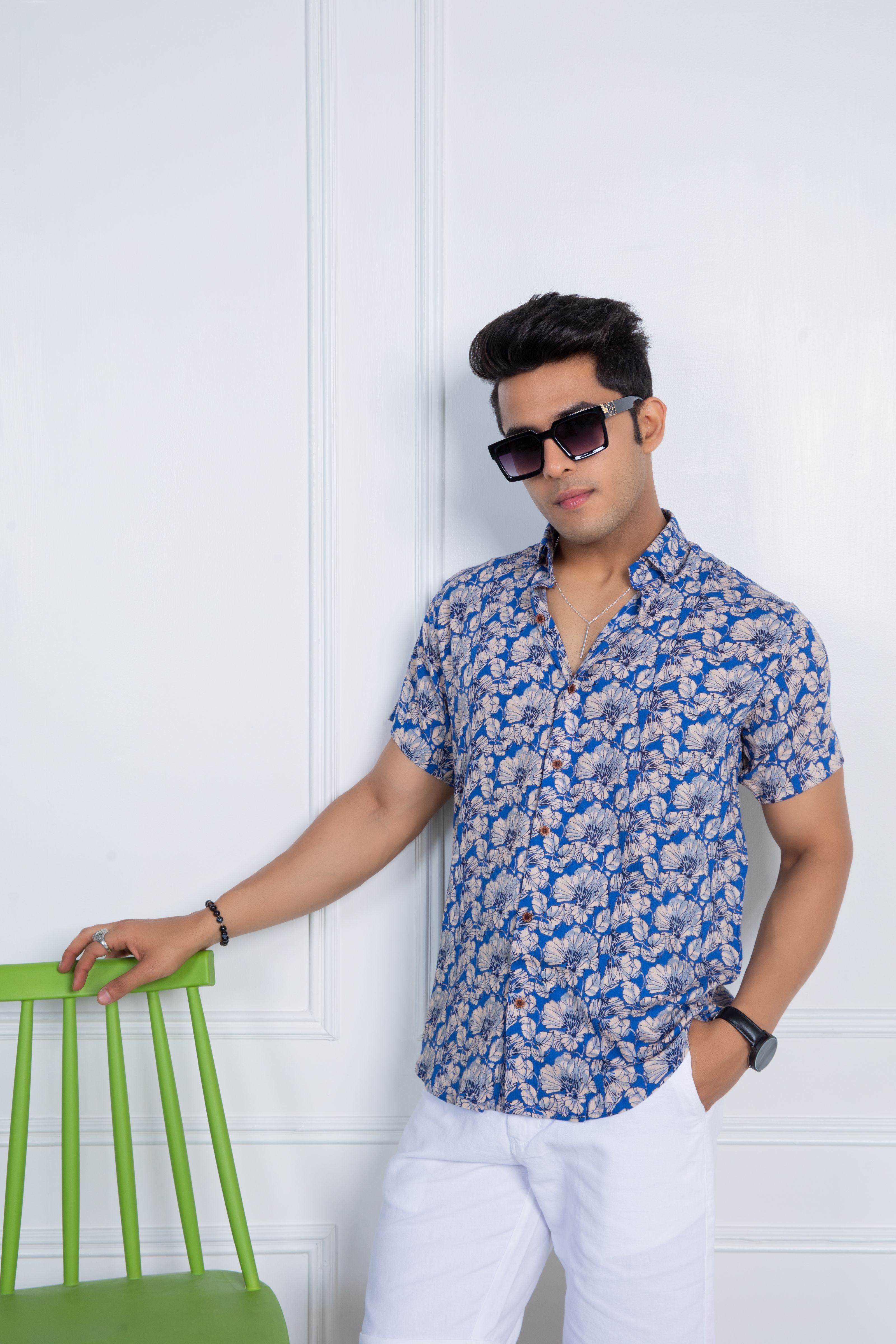Firangi Yarn Relaxed Fit Super Flowy Re-engineered Cotton Printed Shirt- Half Sleeves (Blue)