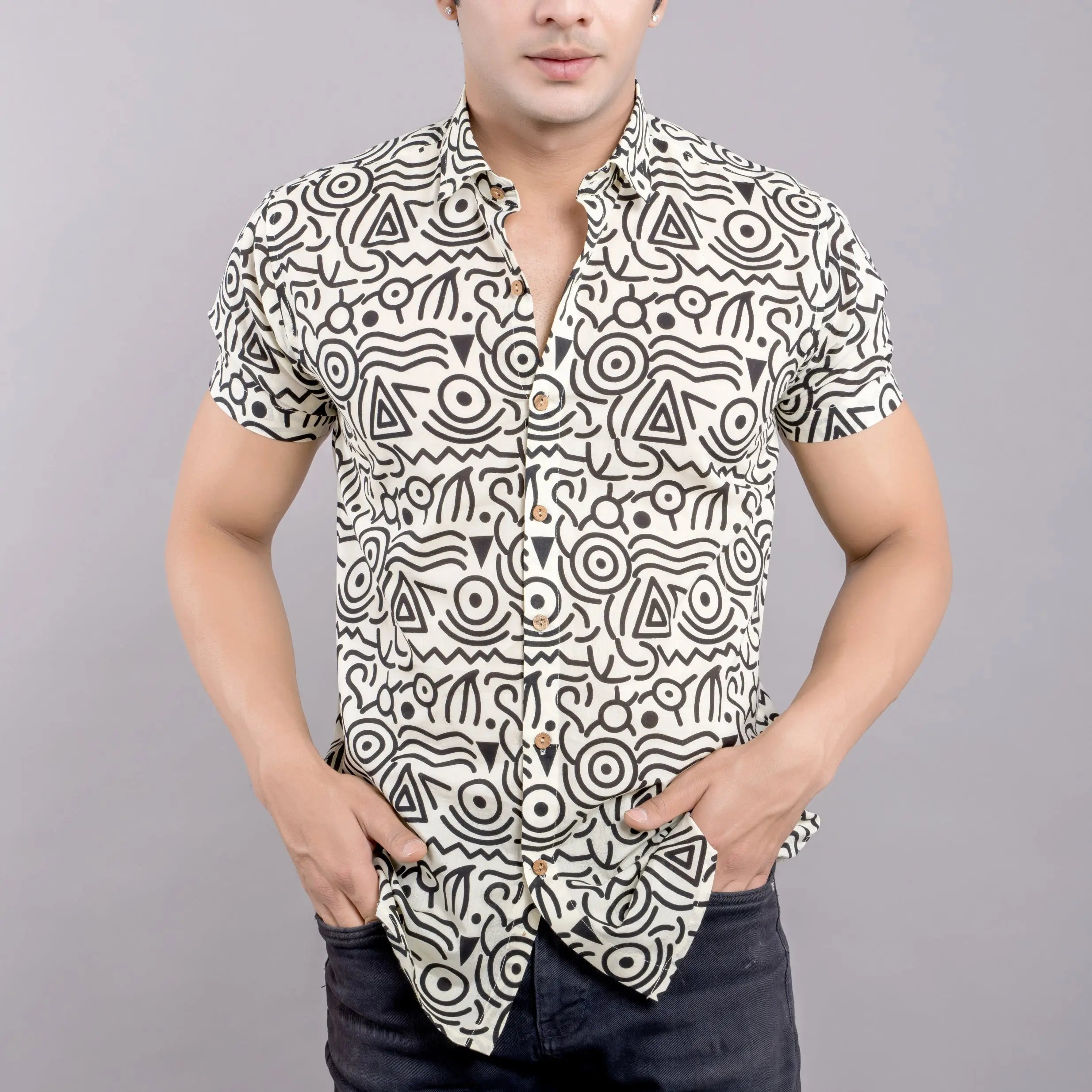 Firangi Yarn White HandBlock Printed Shirt For Men 100% Cotton