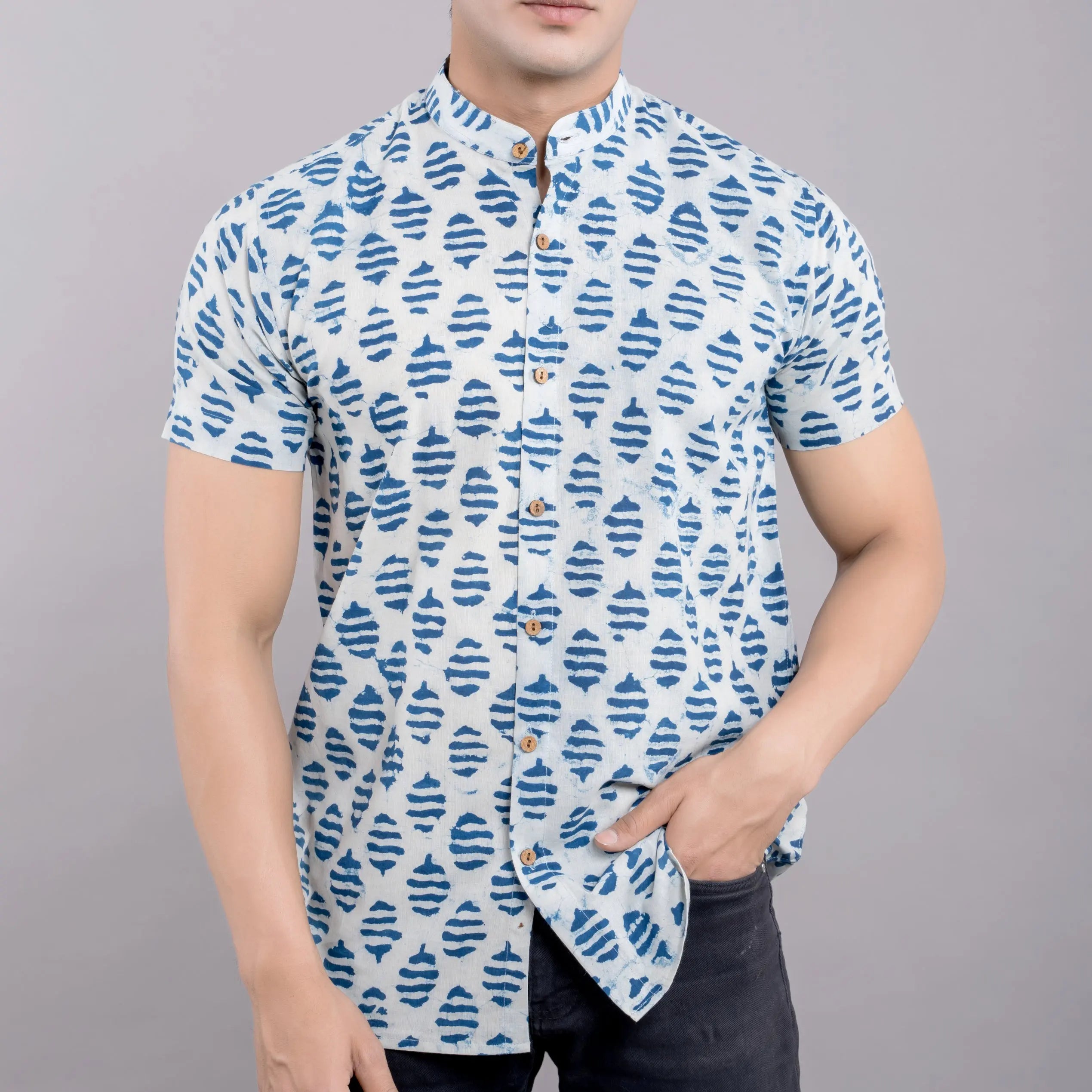 Firangi Yarn Handblock Printed Shirt Indigo White Shirt For Men 100% Cotton