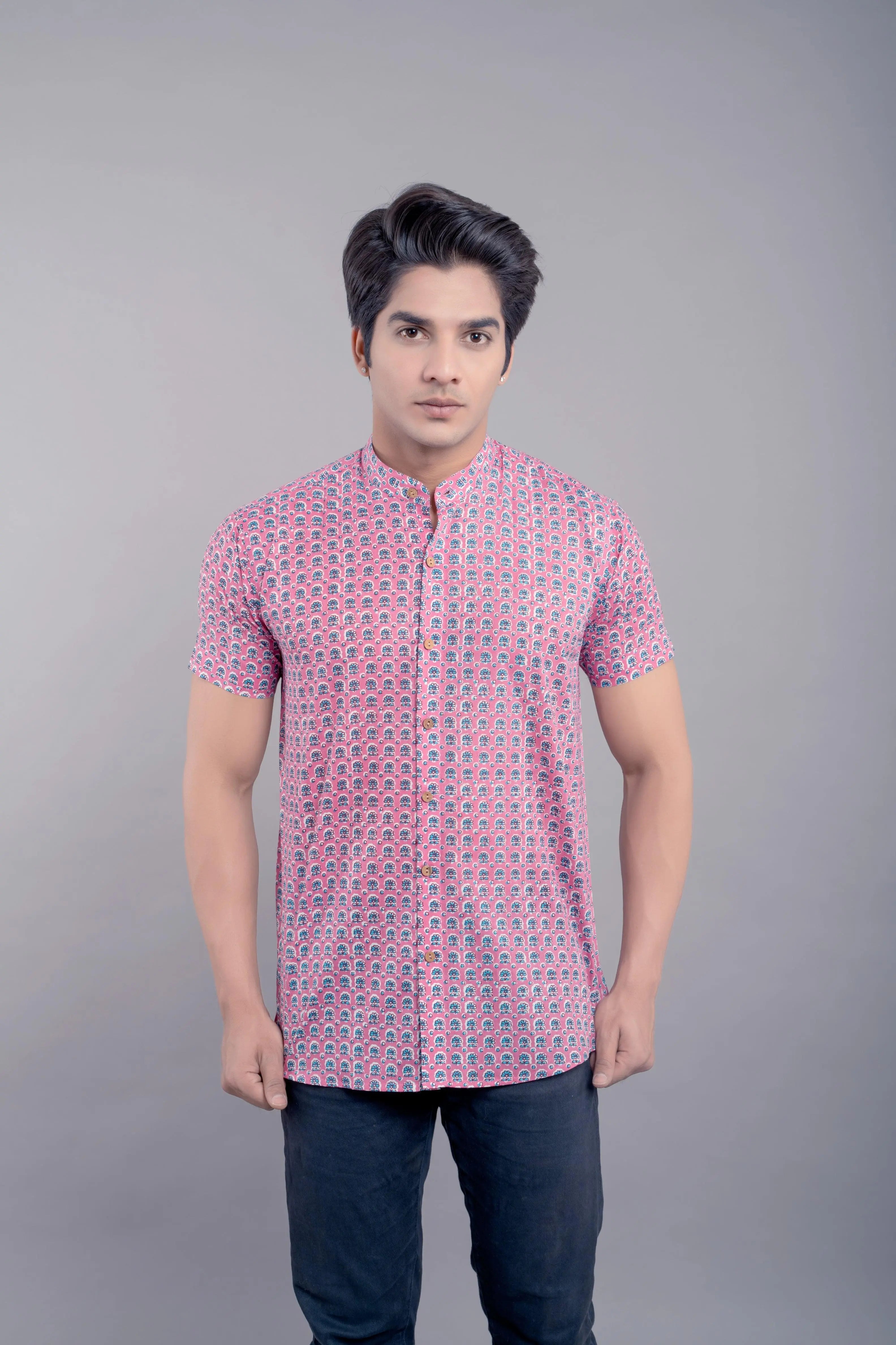 Firangi Yarn 100% Cotton Block Printed Men's Shirt- Pink