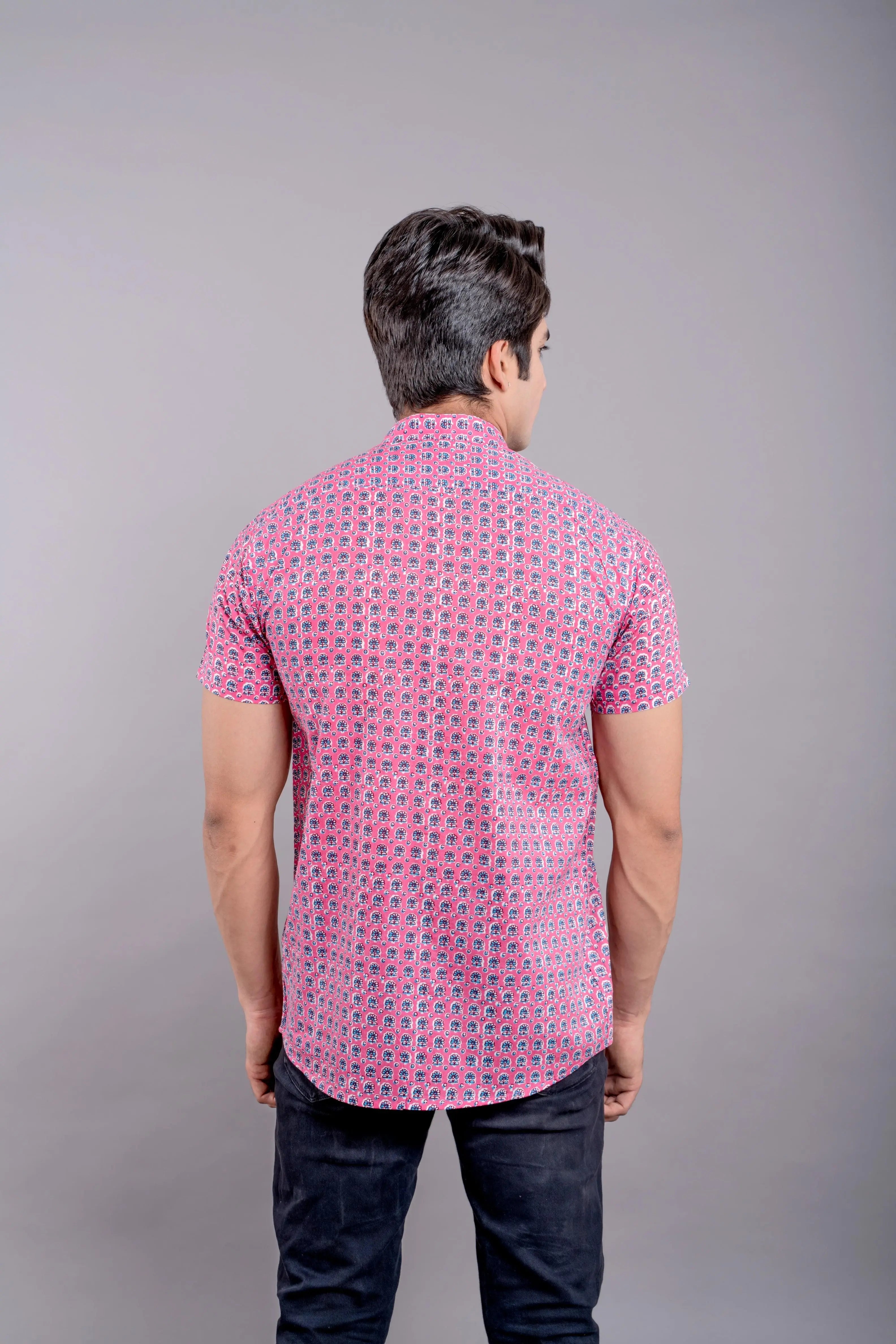 Firangi Yarn 100% Cotton Block Printed Men's Shirt- Pink