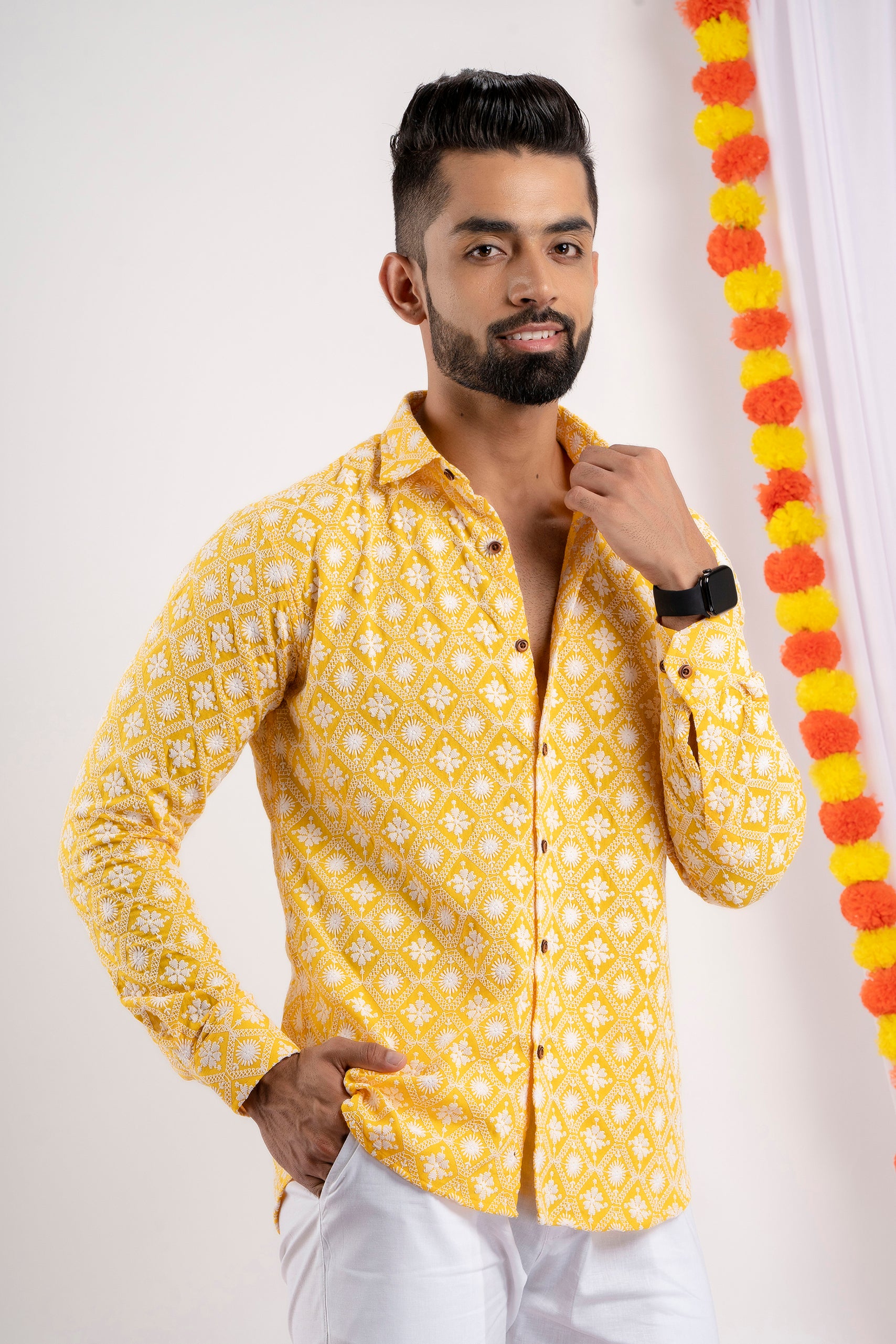 Firangi Yarn Super Soft Full Sleeves Chikankari Schiffli Embroided Men's Shirt- Yellow