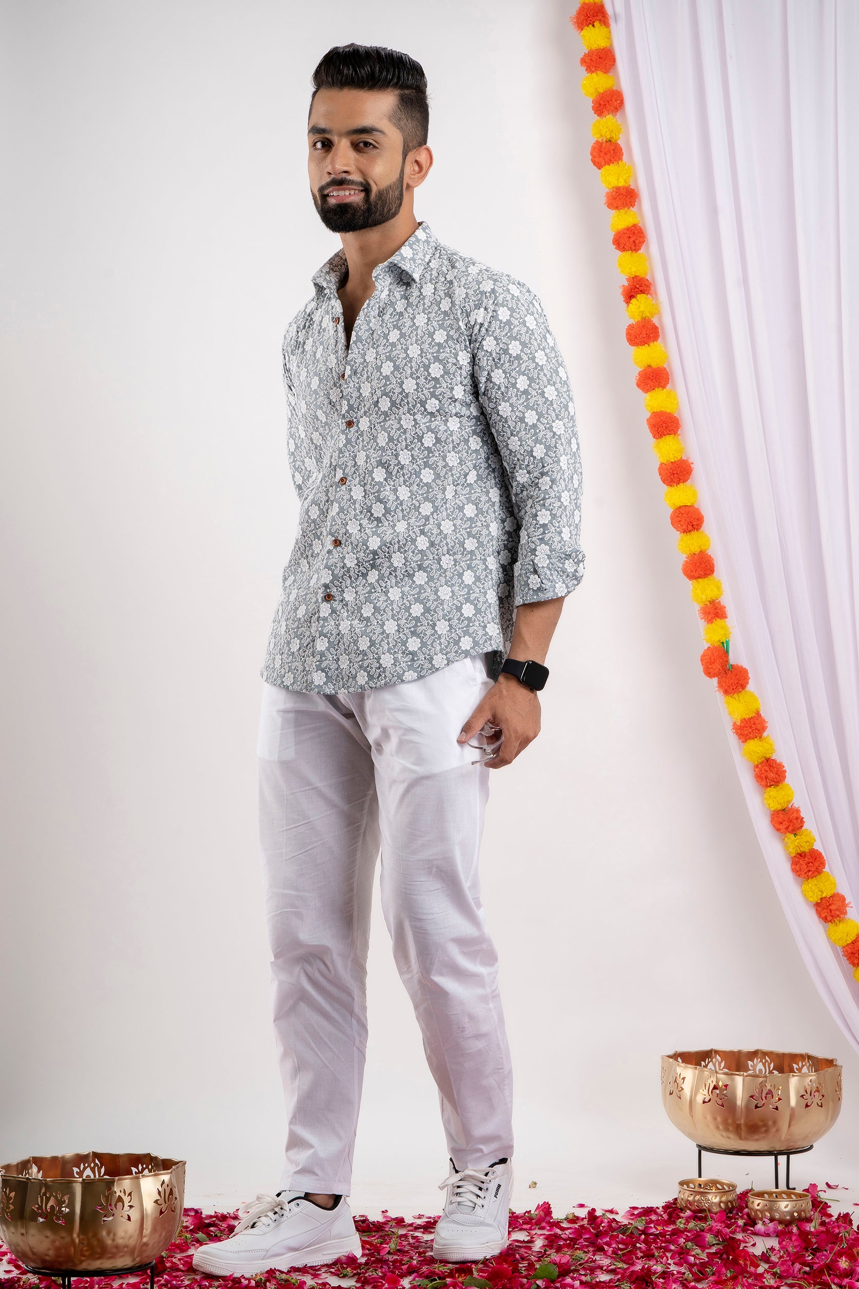 Firangi Yarn Super Soft Full Sleeves Chikankari Schiffli Embroided Men's Shirt- Grey