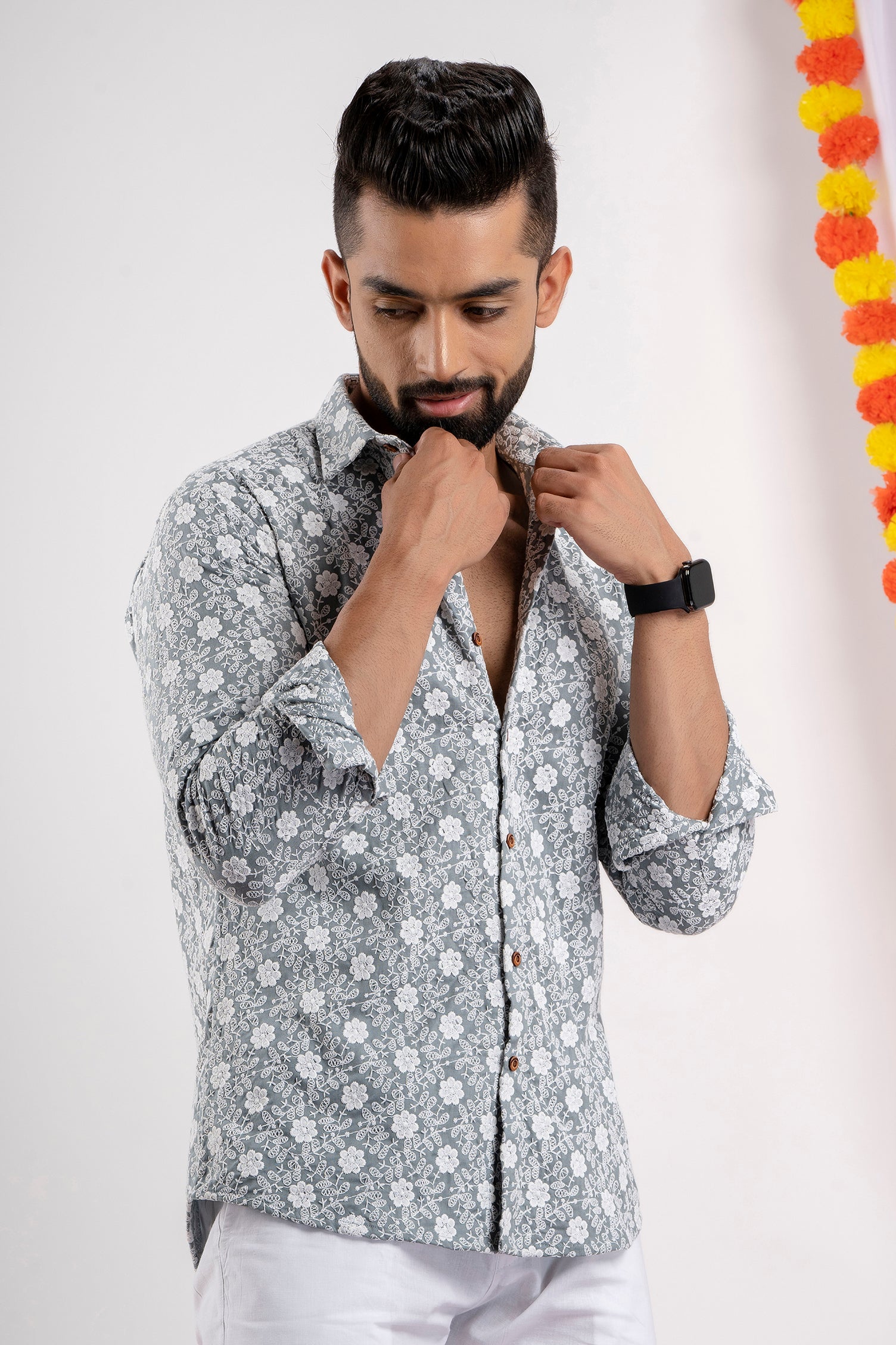 Firangi Yarn Super Soft Full Sleeves Chikankari Schiffli Embroided Men's Shirt- Grey