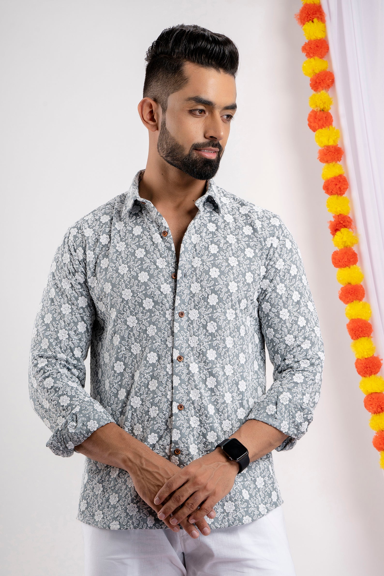 Firangi Yarn Super Soft Full Sleeves Chikankari Schiffli Embroided Men's Shirt- Grey