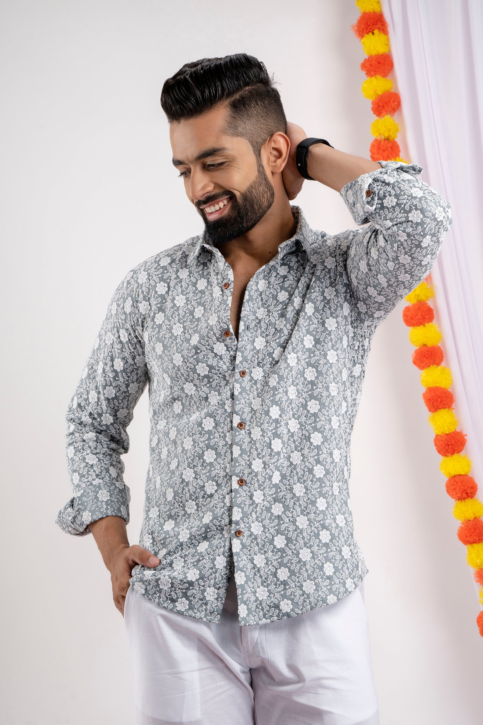 Firangi Yarn Super Soft Full Sleeves Chikankari Schiffli Embroided Men's Shirt- Grey