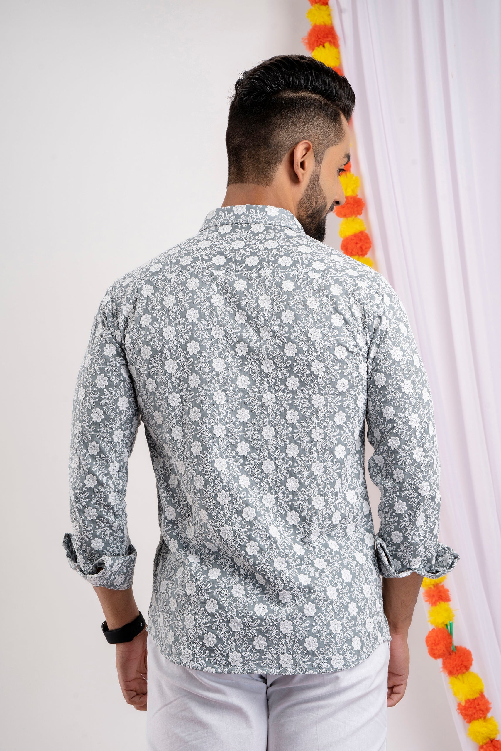 Firangi Yarn Super Soft Full Sleeves Chikankari Schiffli Embroided Men's Shirt- Grey