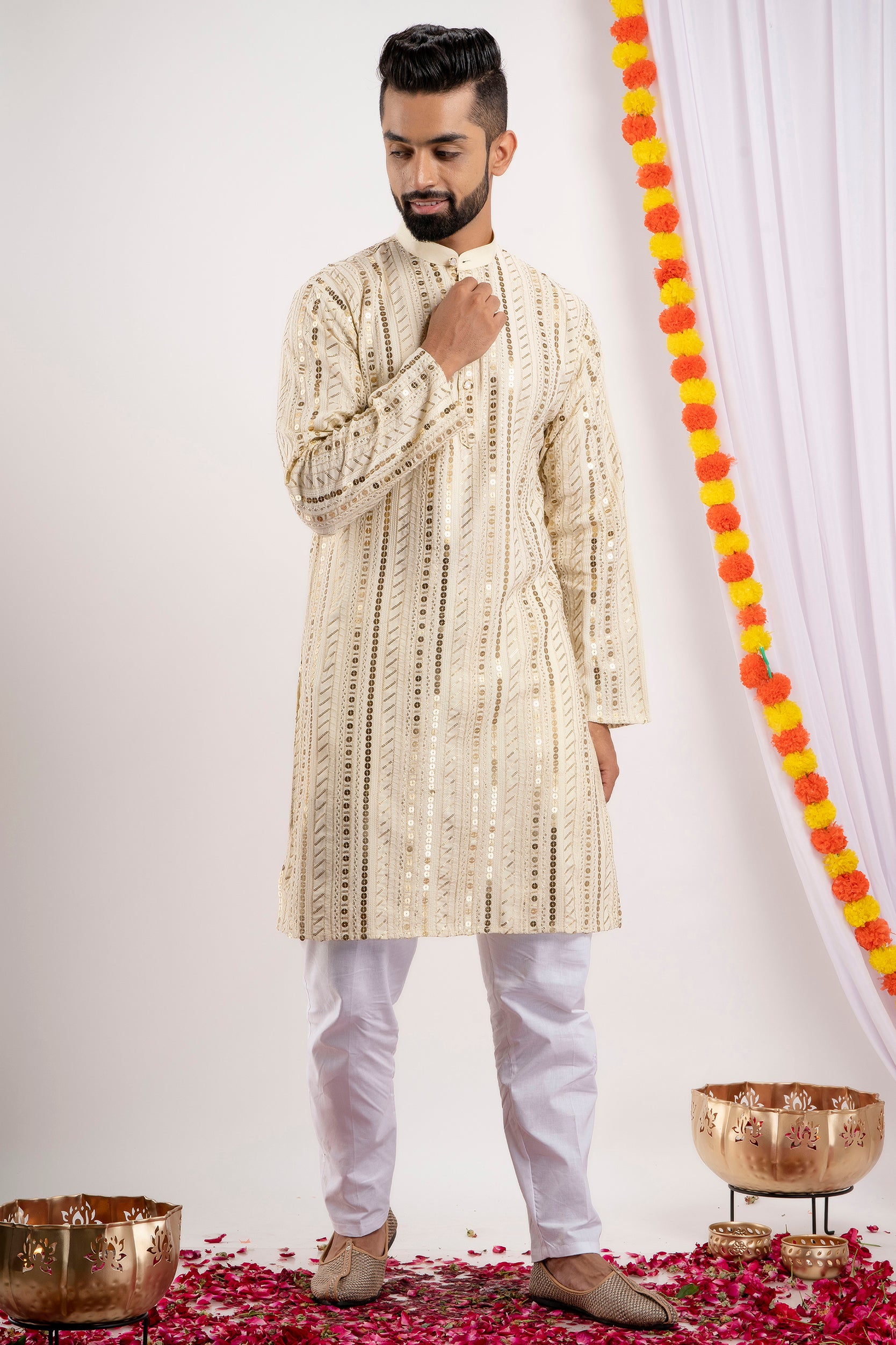 Firangi Yarn Cotton Sequin Work Wedding and Festive Wear Kurta Light Yellow Color