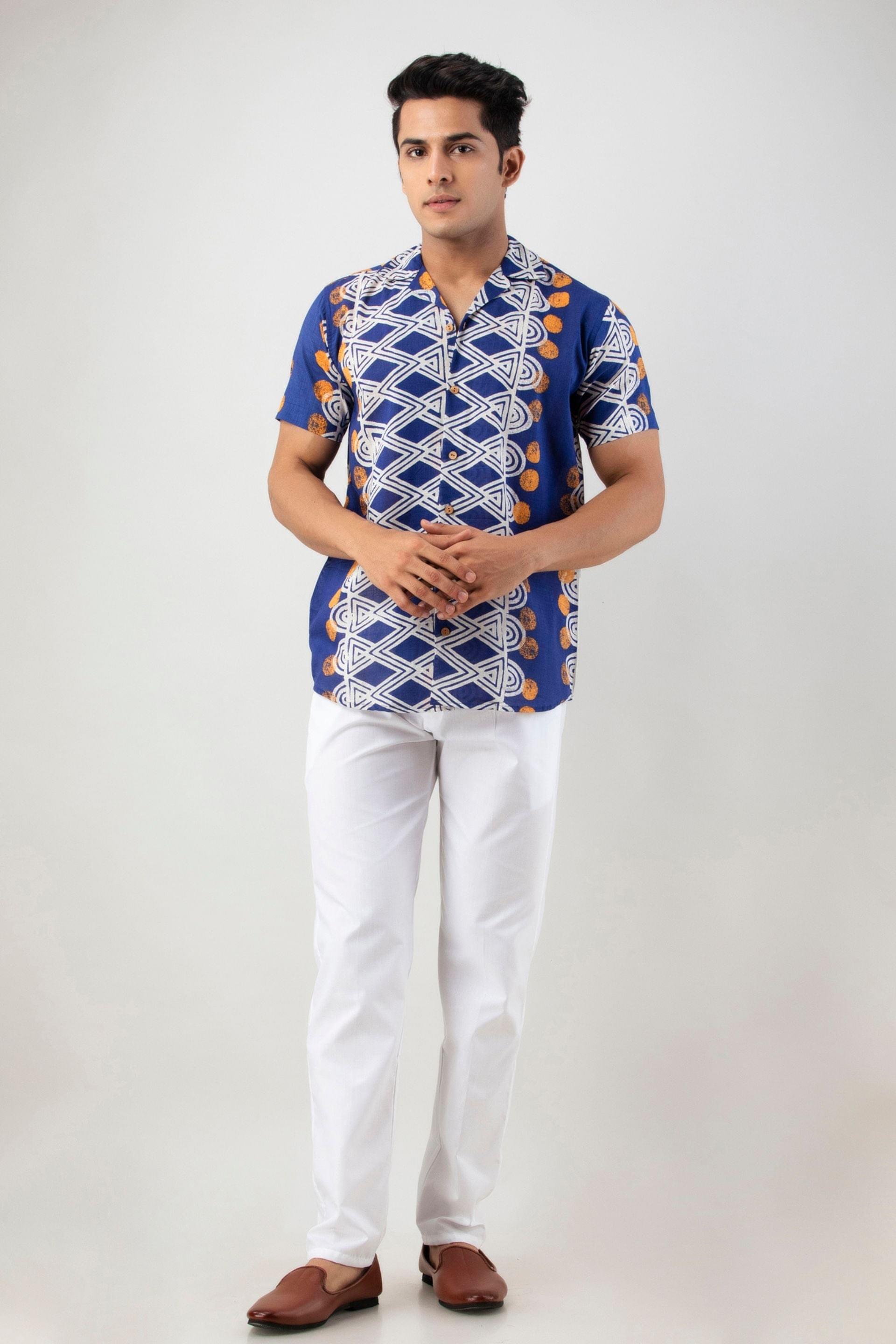 Firangi Yarn 100% Jaipuri Cotton Egyptian Pattern Printed Cuban Collar Shirt- Indigo Color