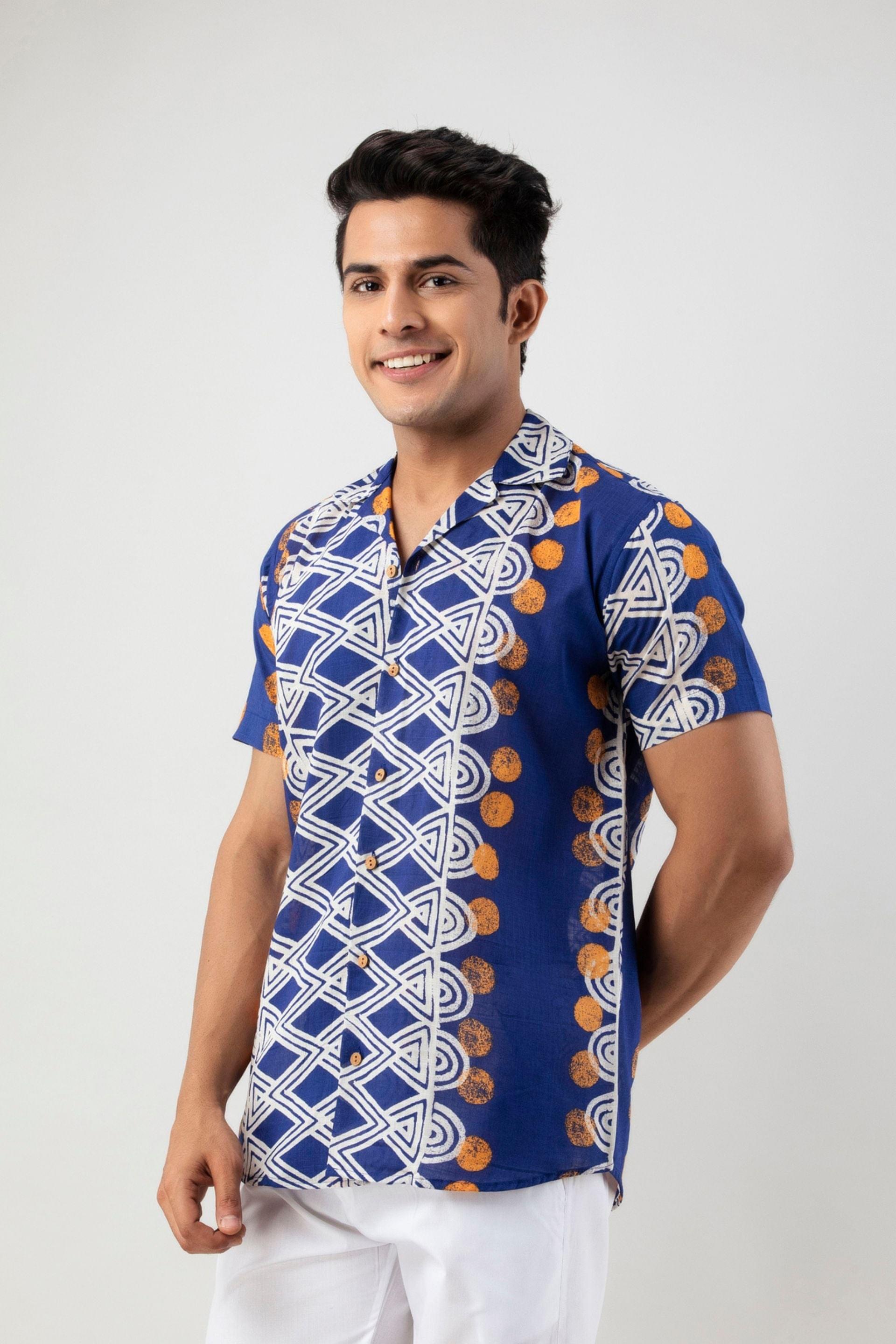 Firangi Yarn 100% Jaipuri Cotton Egyptian Pattern Printed Cuban Collar Shirt- Indigo Color