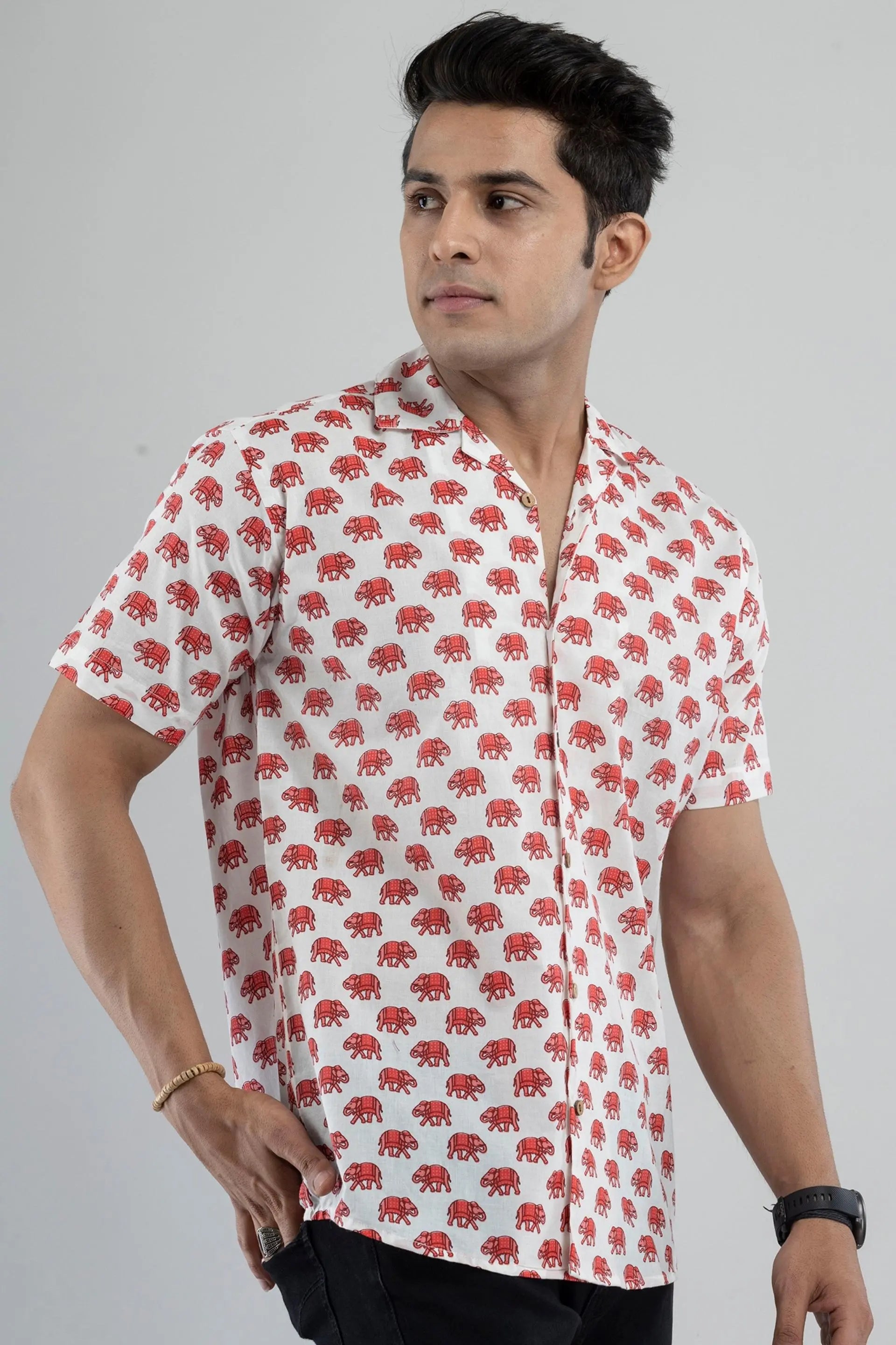 Firangi Yarn Elephant Printed Cuban Collar Shirt For Men Red & White