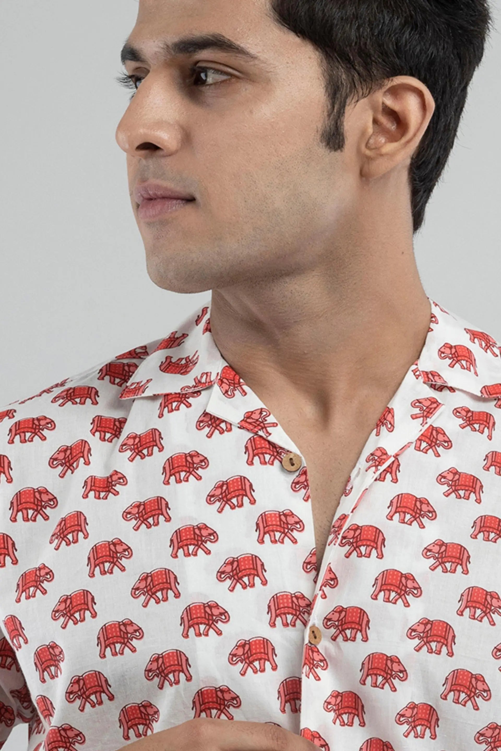 Firangi Yarn Elephant Printed Cuban Collar Shirt For Men Red & White