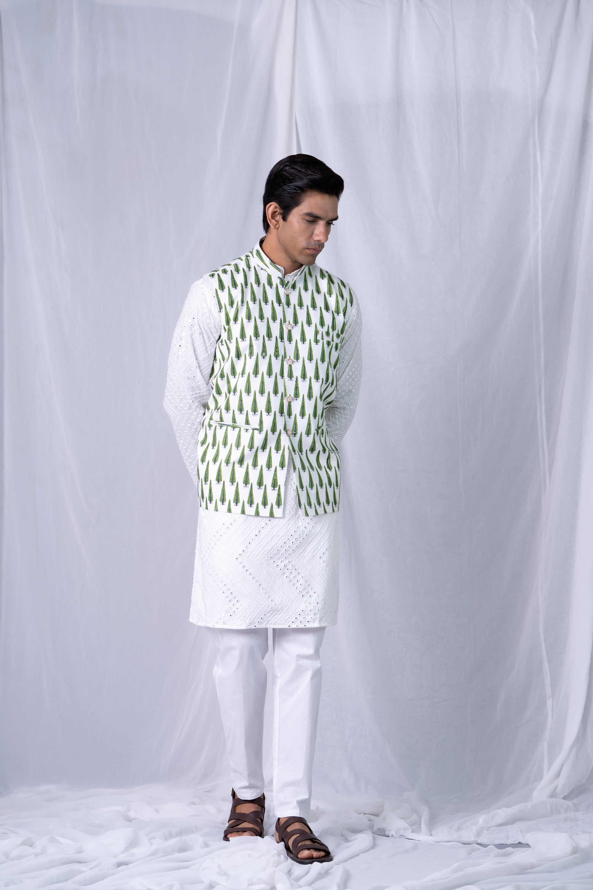 Firangi Yarn Cotton Block Printed Nehru Jacket Green Pine For Mehendi, Sangeet, Wedding, Diwali and More