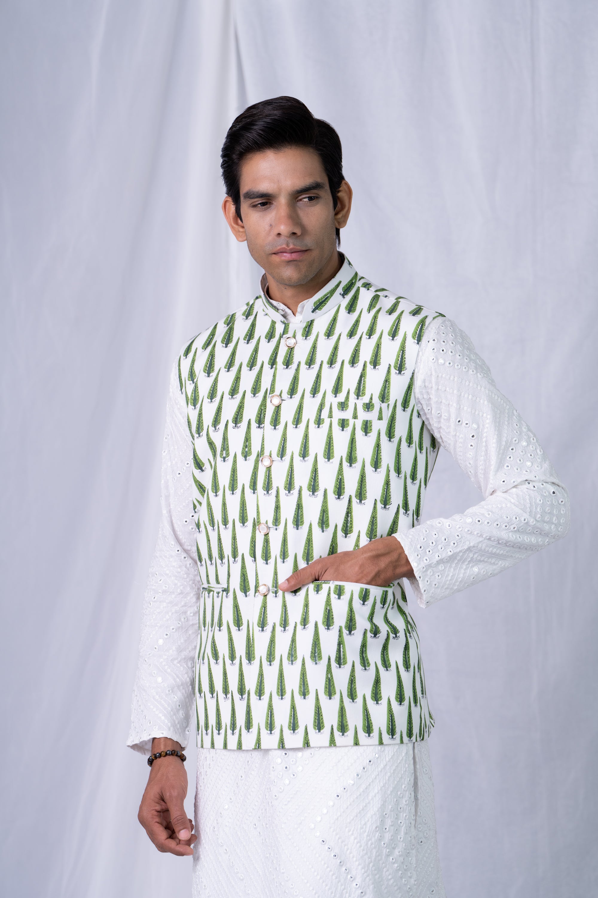 Firangi Yarn Cotton Block Printed Nehru Jacket Green Pine For Mehendi, Sangeet, Wedding, Diwali and More