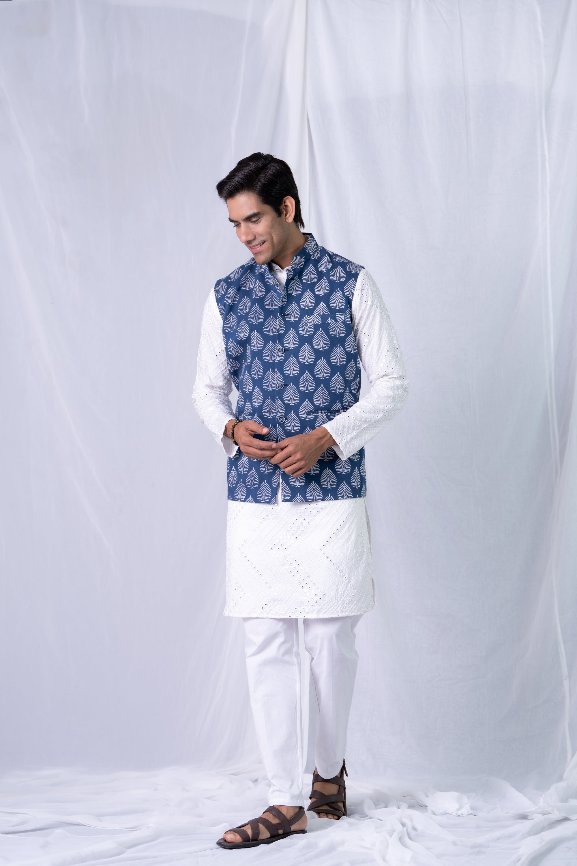 Firangi Yarn Cotton Block Printed Nehru Jacket Indigo Motif For Haldi, Mehendi, Sangeet, Wedding, Diwali and More