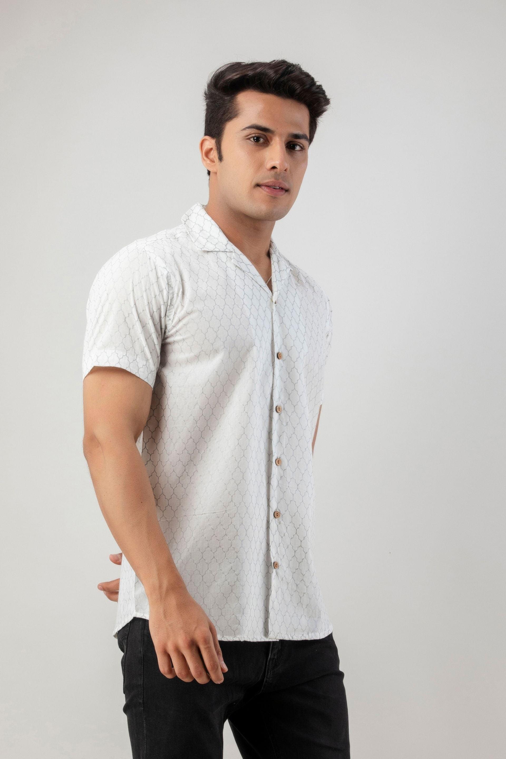 Firangi Yarn 100% Jaipuri Silver Jharokha Cotton Printed Cuban Collar Shirt- White