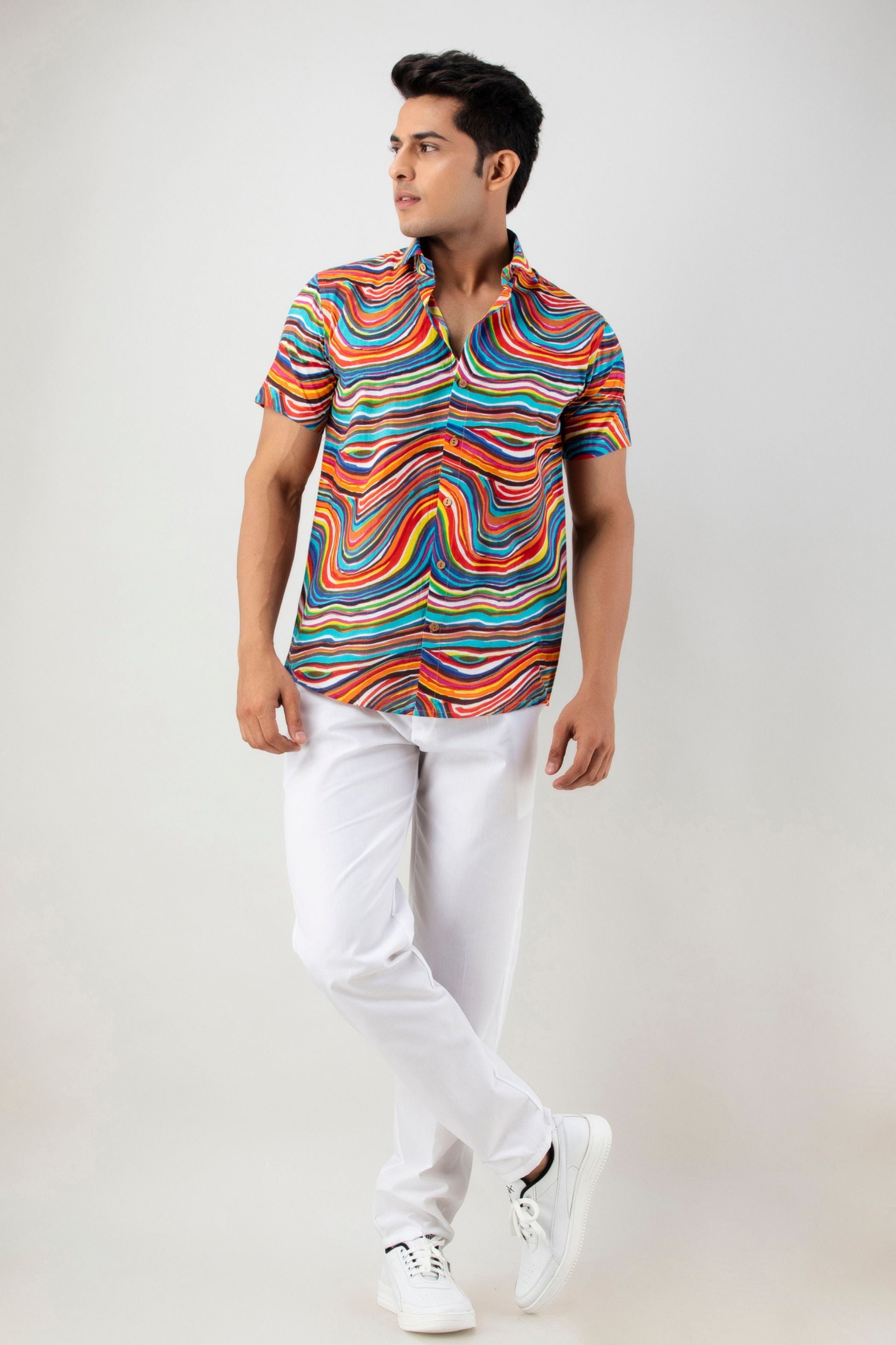 Firangi Yarn Leheriya Rainbow Cotton Shirt For Men - Half Sleeves