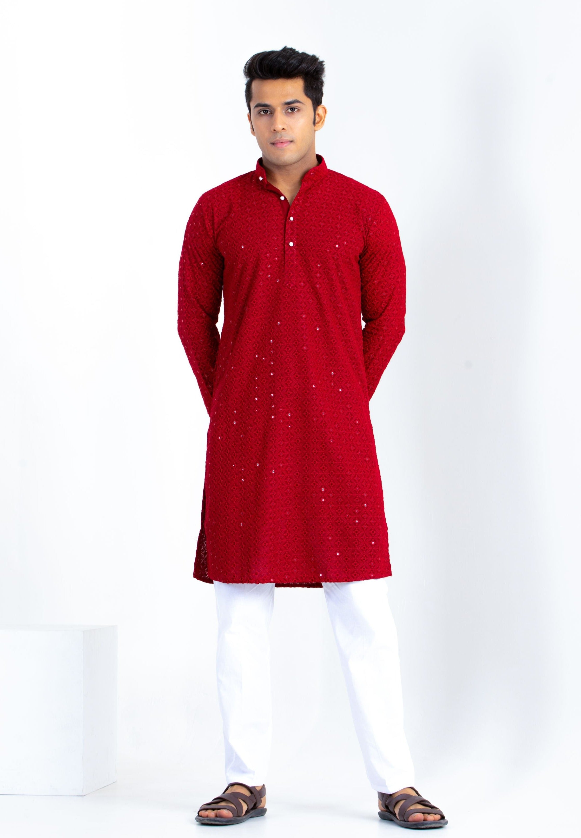 Firangi Yarn Lucknowi Lakhnavi Chikankari Sequin Work Cotton Kurta For Men Maroon