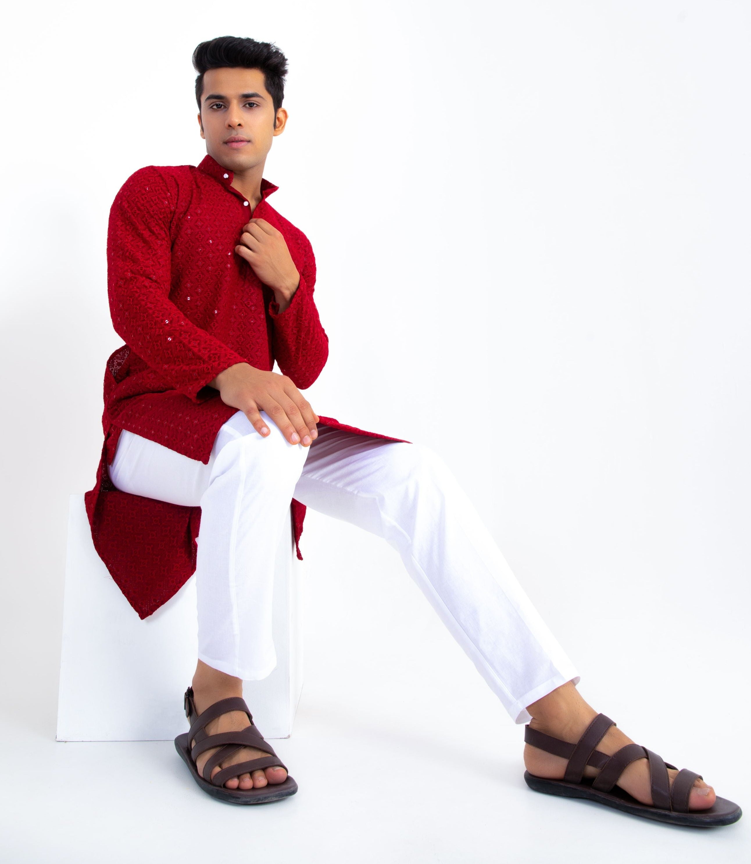 Firangi Yarn Lucknowi Lakhnavi Chikankari Sequin Work Cotton Kurta For Men Maroon