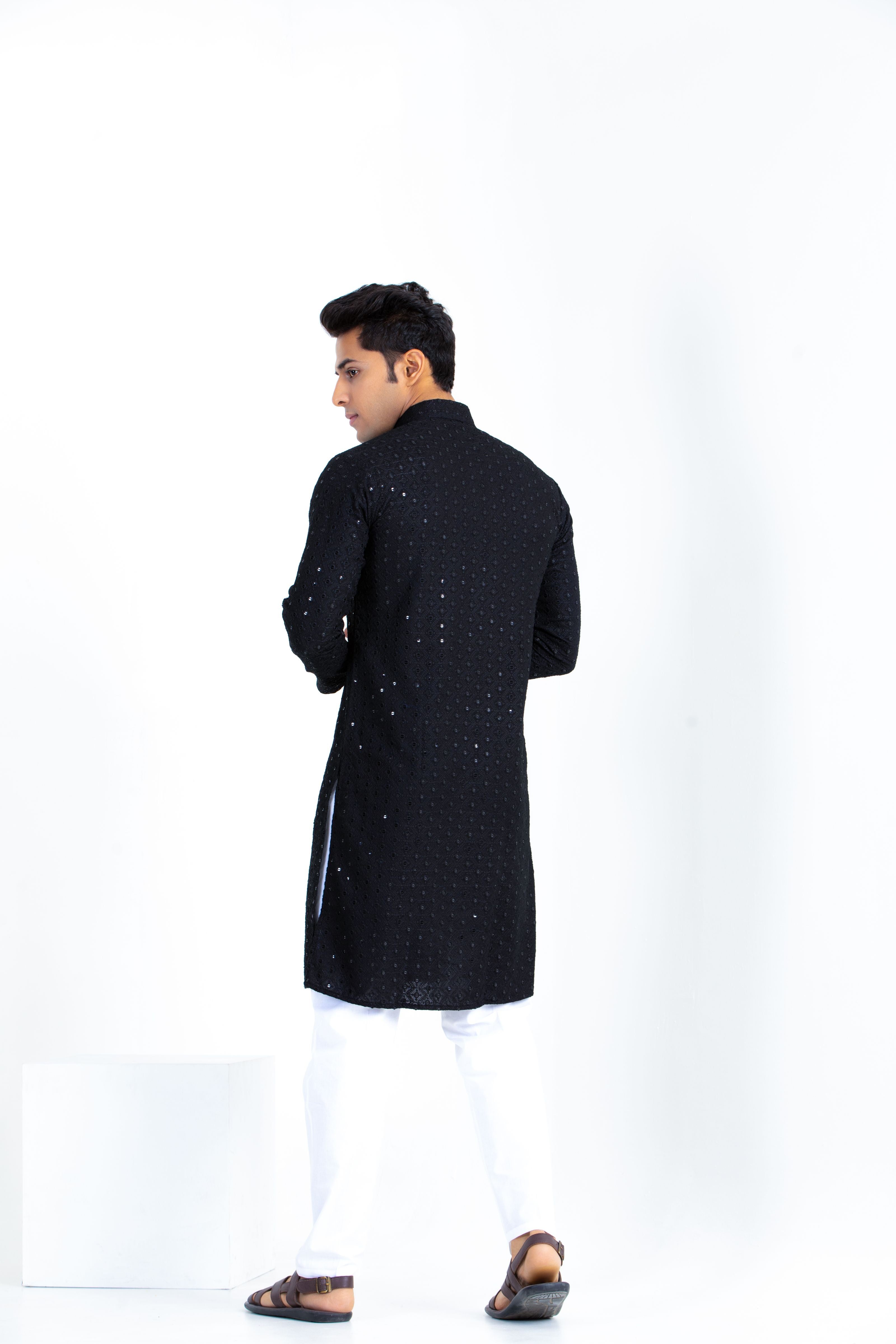 Firangi Yarn Lucknowi Lakhnavi Chikankari Sequin Work Cotton Kurta For Men Jet Black