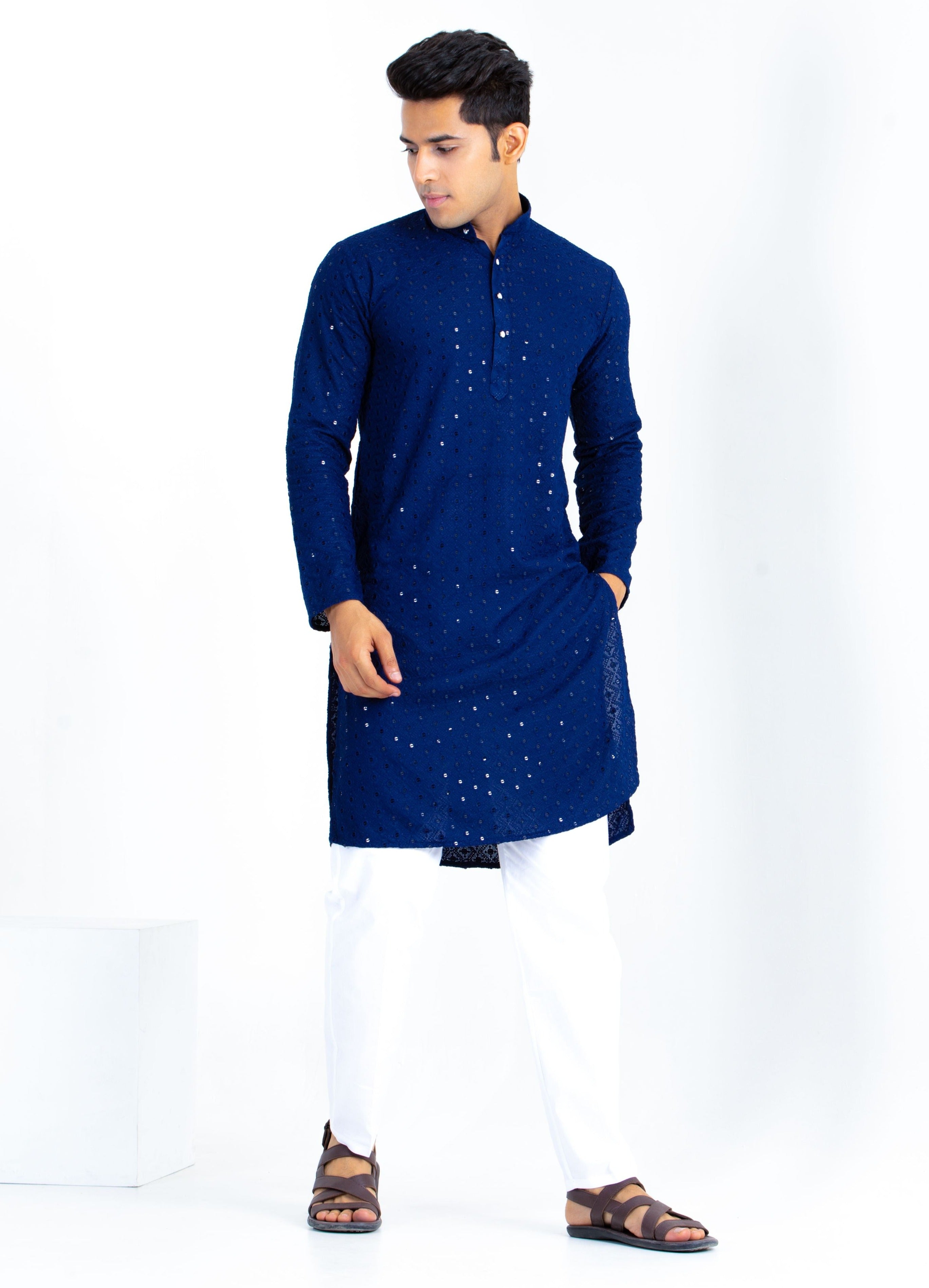 Firangi Yarn Lucknowi Lakhnavi Chikankari Sequin Work Cotton Kurta For Men Dark Blue
