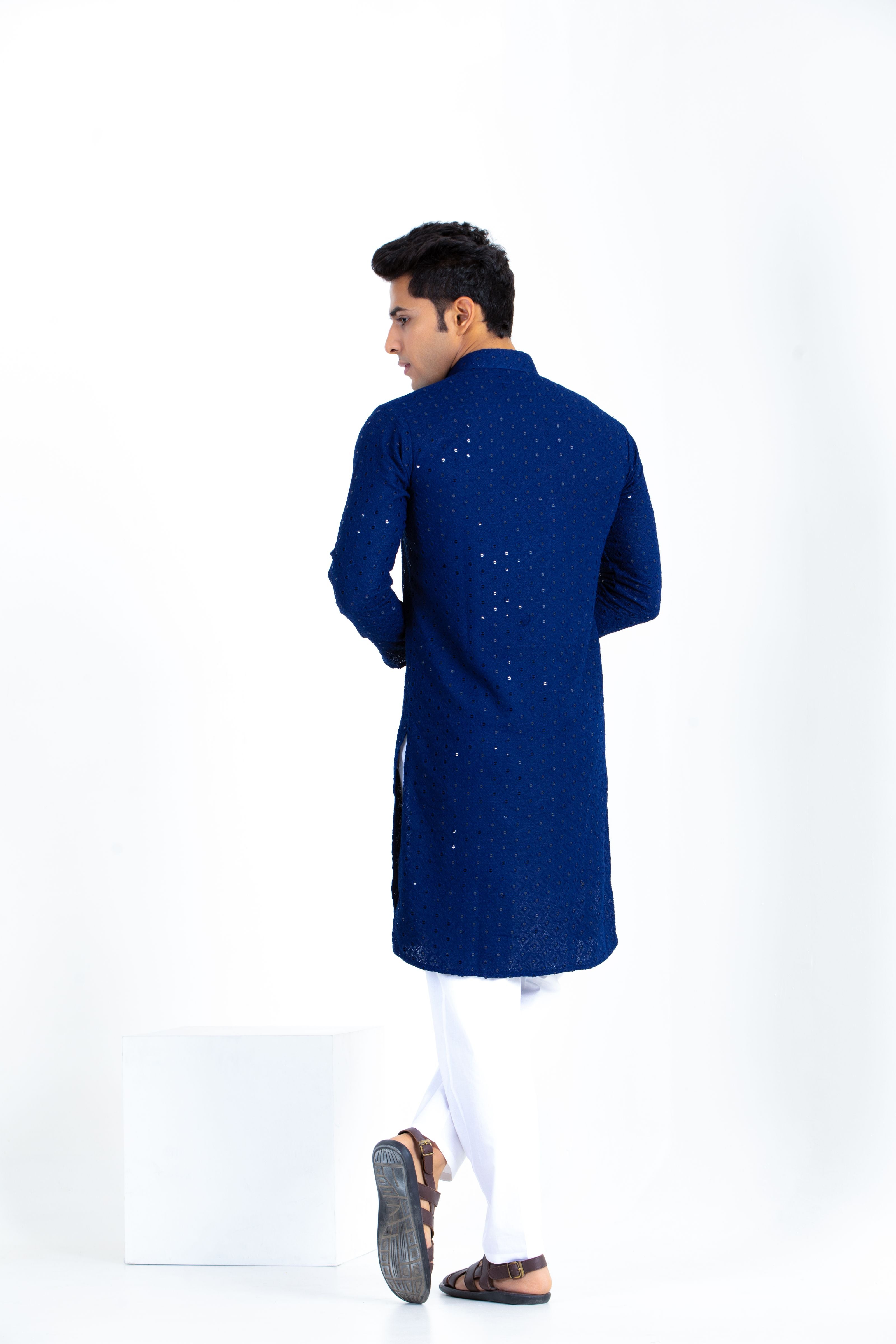 Firangi Yarn Lucknowi Lakhnavi Chikankari Sequin Work Cotton Kurta For Men Dark Blue
