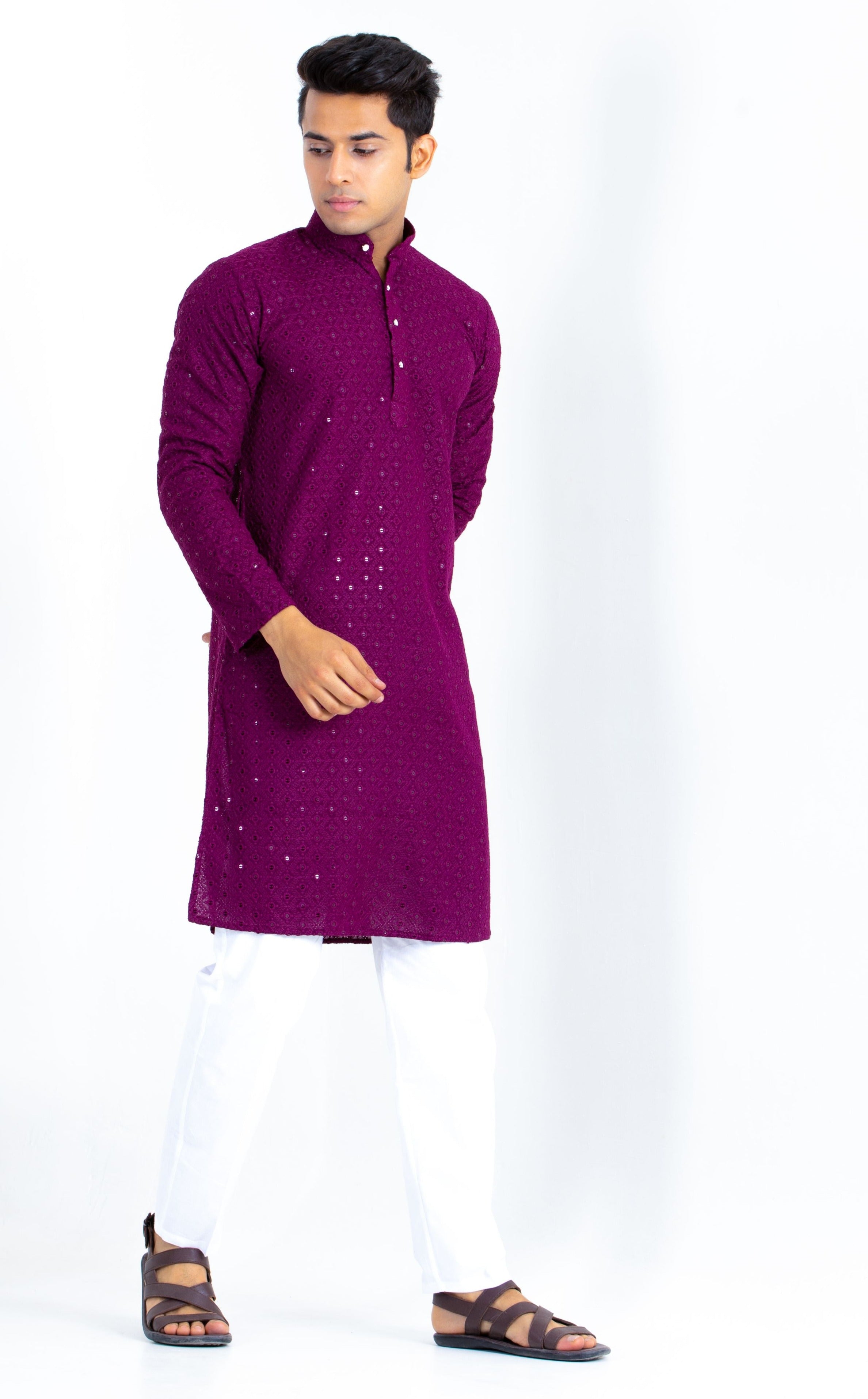 Firangi Yarn Lucknowi Lakhnavi Chikankari Sequin Work Assorted Embroidery Cotton Kurta For Men Sangria Violet Color