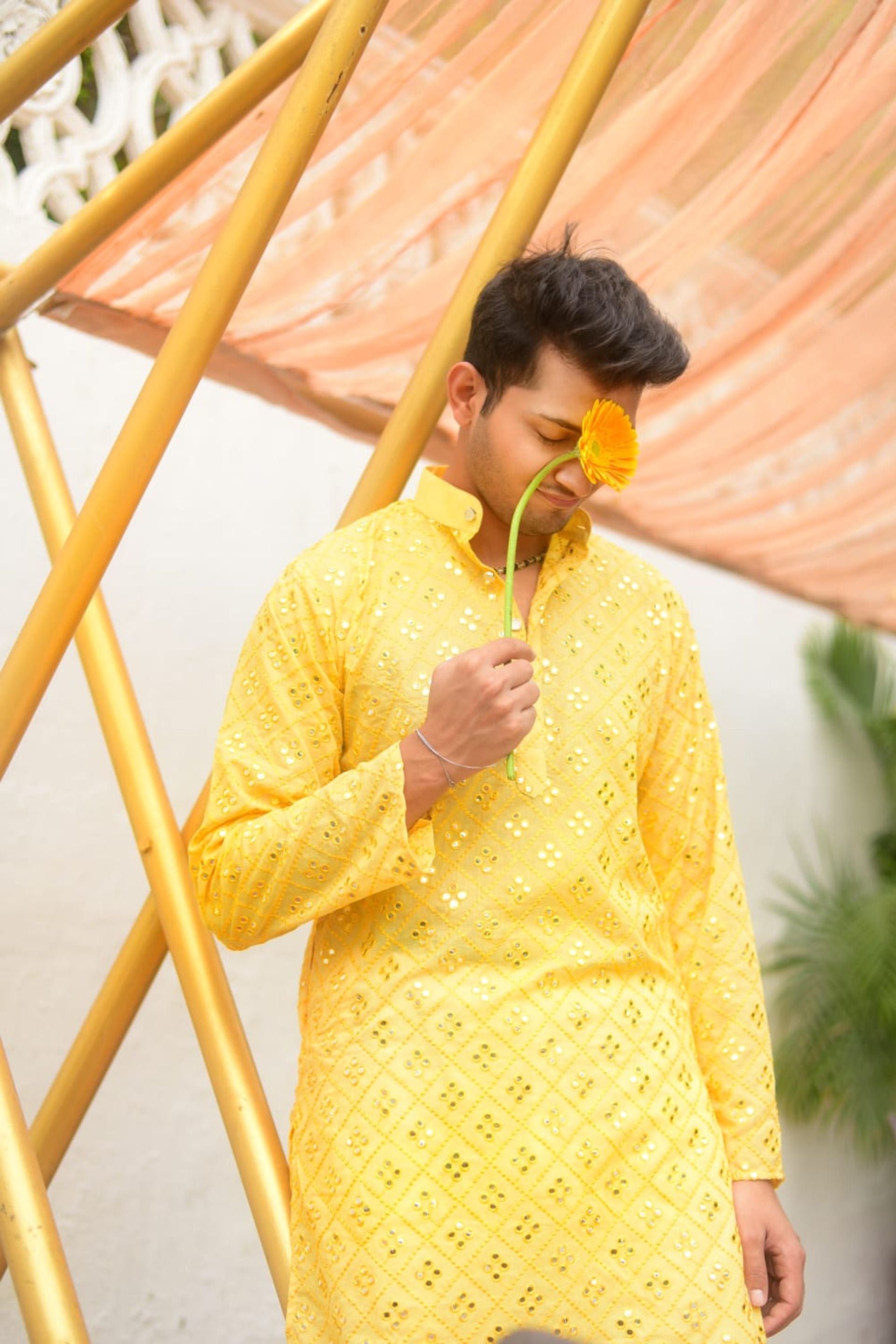 Firangi Yarn Yellow Chikan & Mirror Work Cotton Kurta For Men