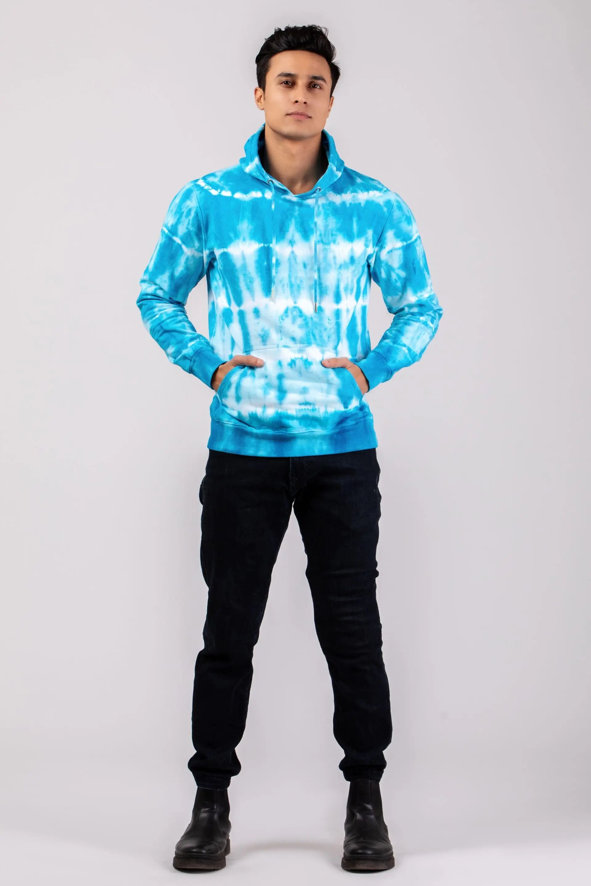 Firangi Yarn Super Soft Cotton Tie&Dye Blue and White Ombre Hoodie With Kangaroo Pockets