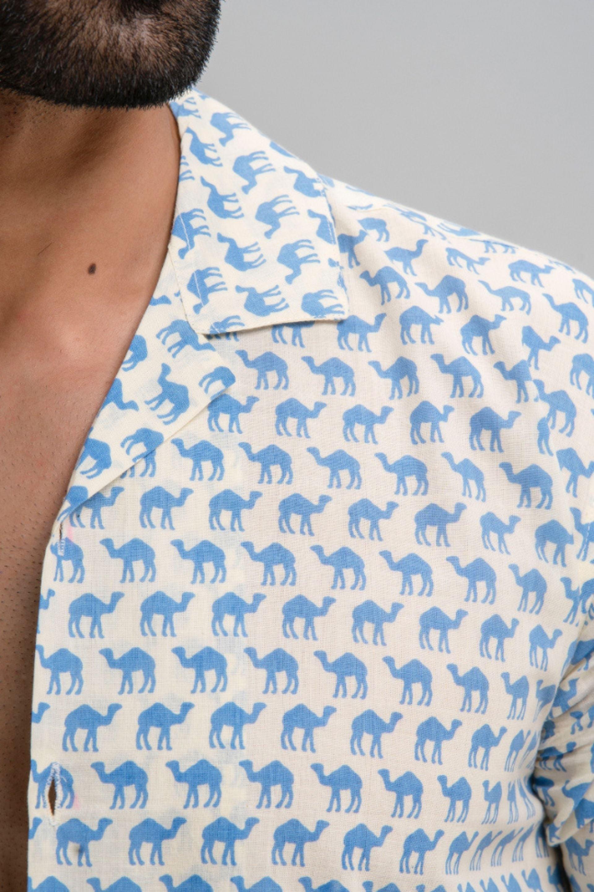 Firangi Yarn Camel Printed Cotton Blue Cuban Collar Co-ord Set For Men