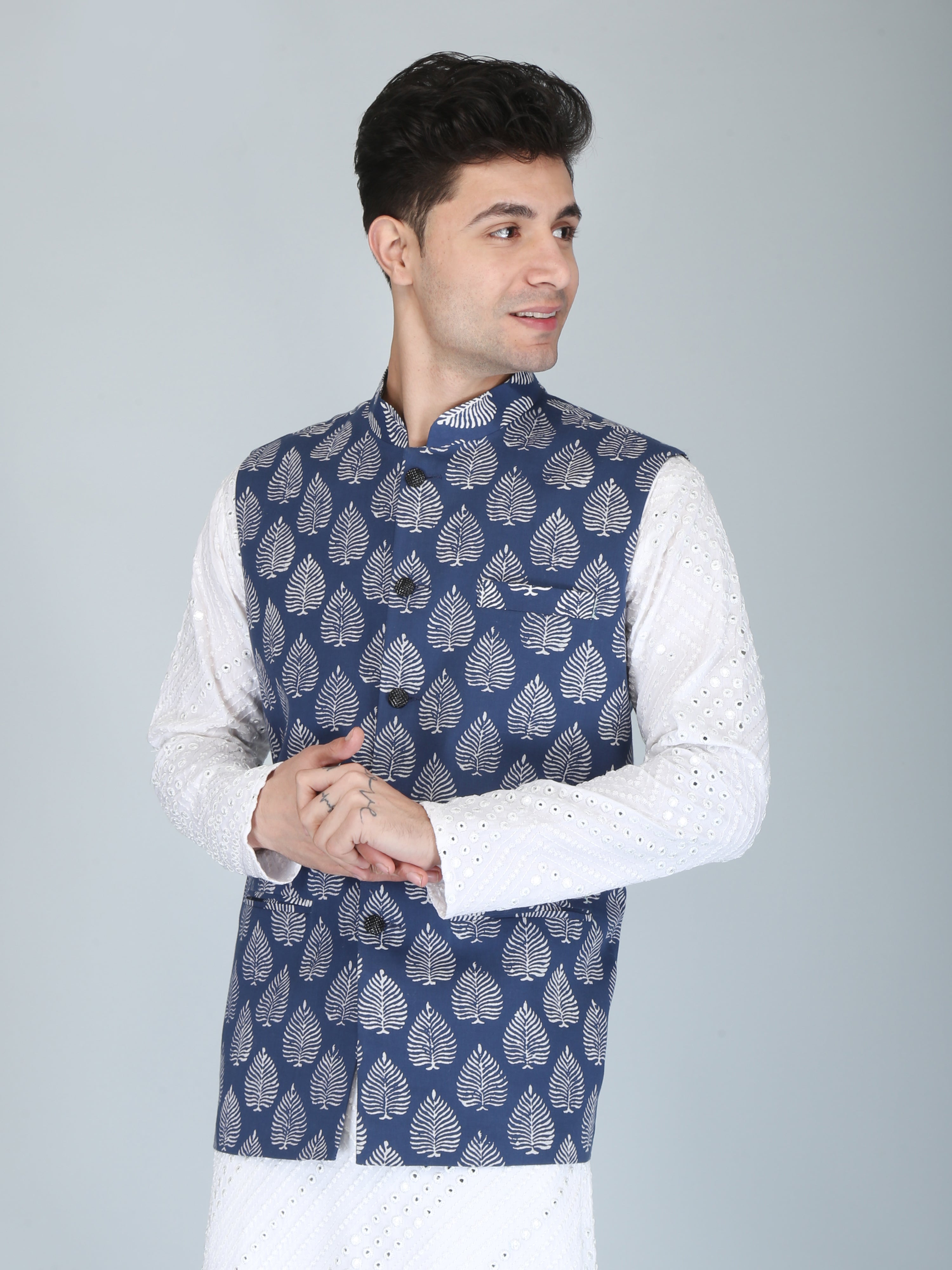 Firangi Yarn Cotton Block Printed Nehru Jacket Indigo Motif For Haldi, Mehendi, Sangeet, Wedding, Diwali and More