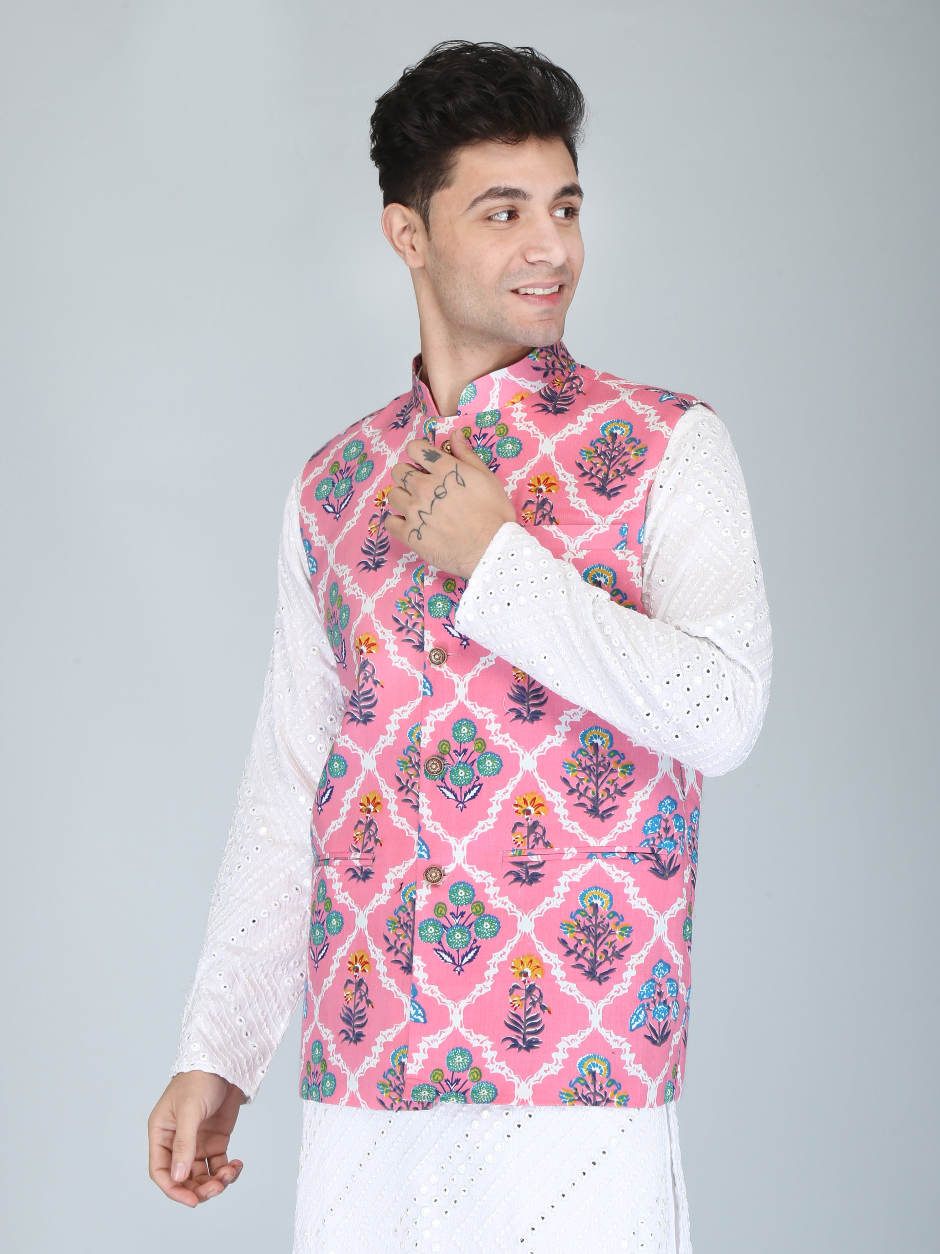 Firangi Yarn Cotton Block Printed Modi/Nehru Jacket Pink Bouquet For Haldi, Mehendi, Sangeet, Wedding, Diwali and More