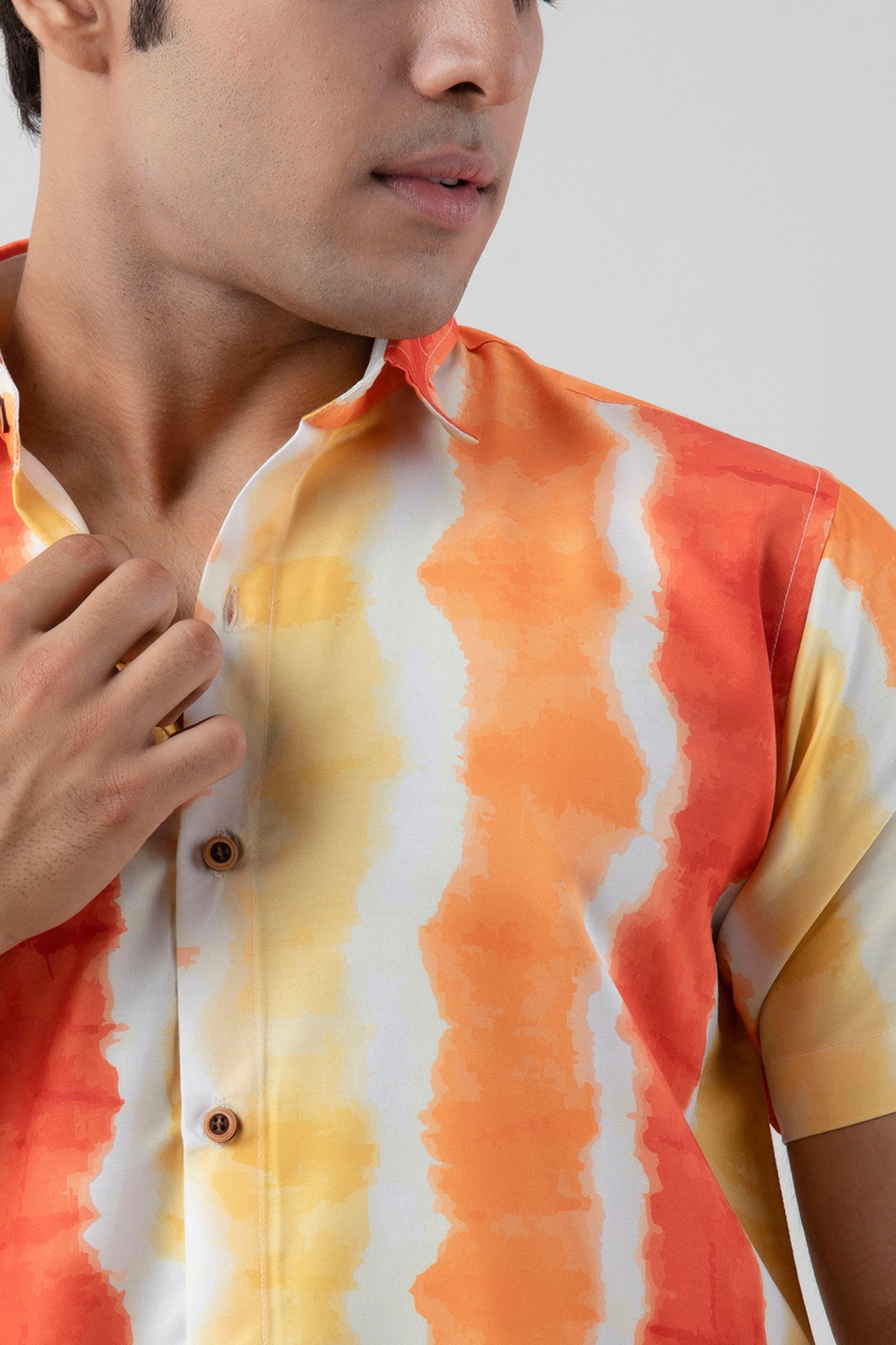 Firangi Yarn Oren Tie&Dye Printed Shirt-Orange/Yellow