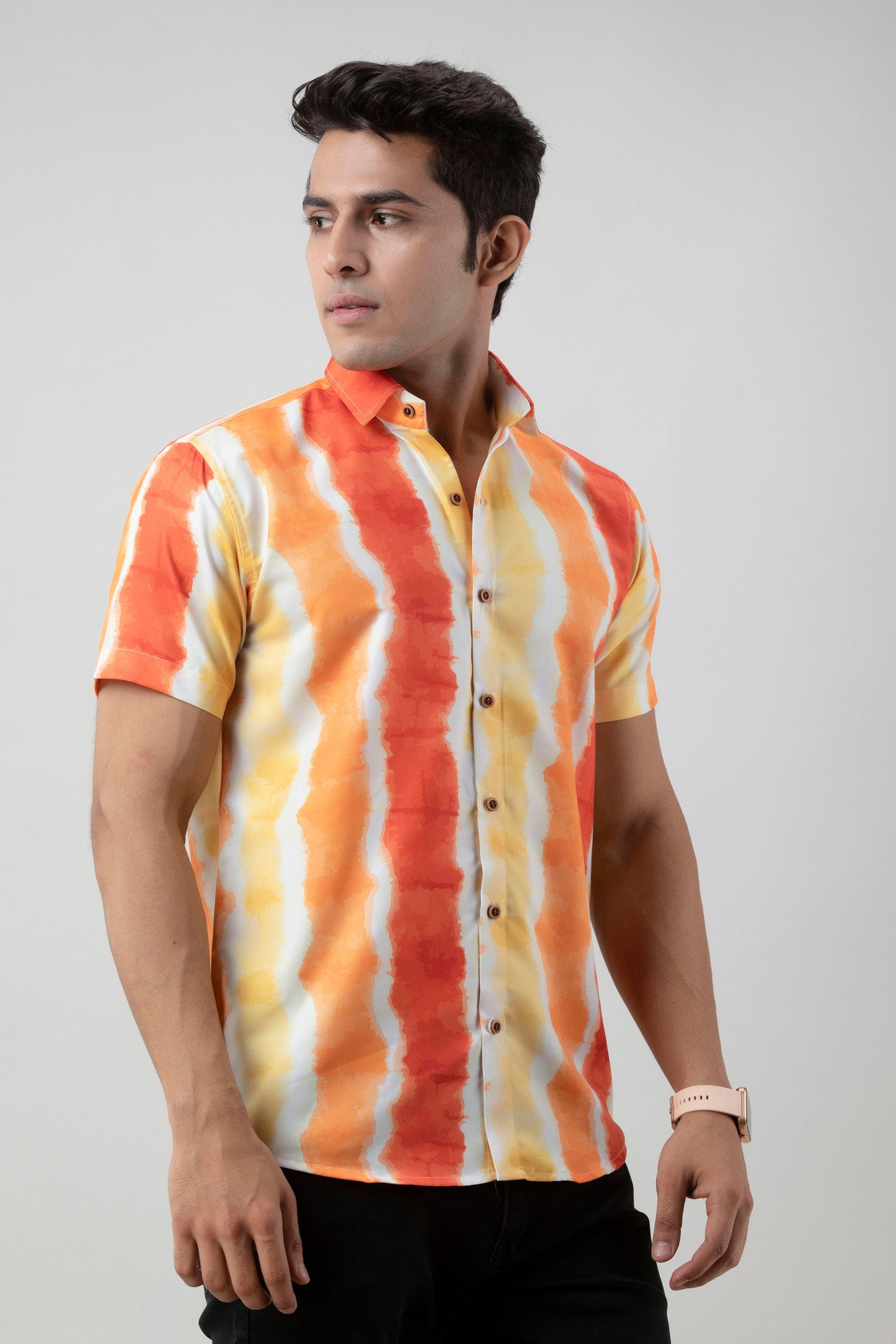 Firangi Yarn Oren Tie&Dye Printed Shirt-Orange/Yellow