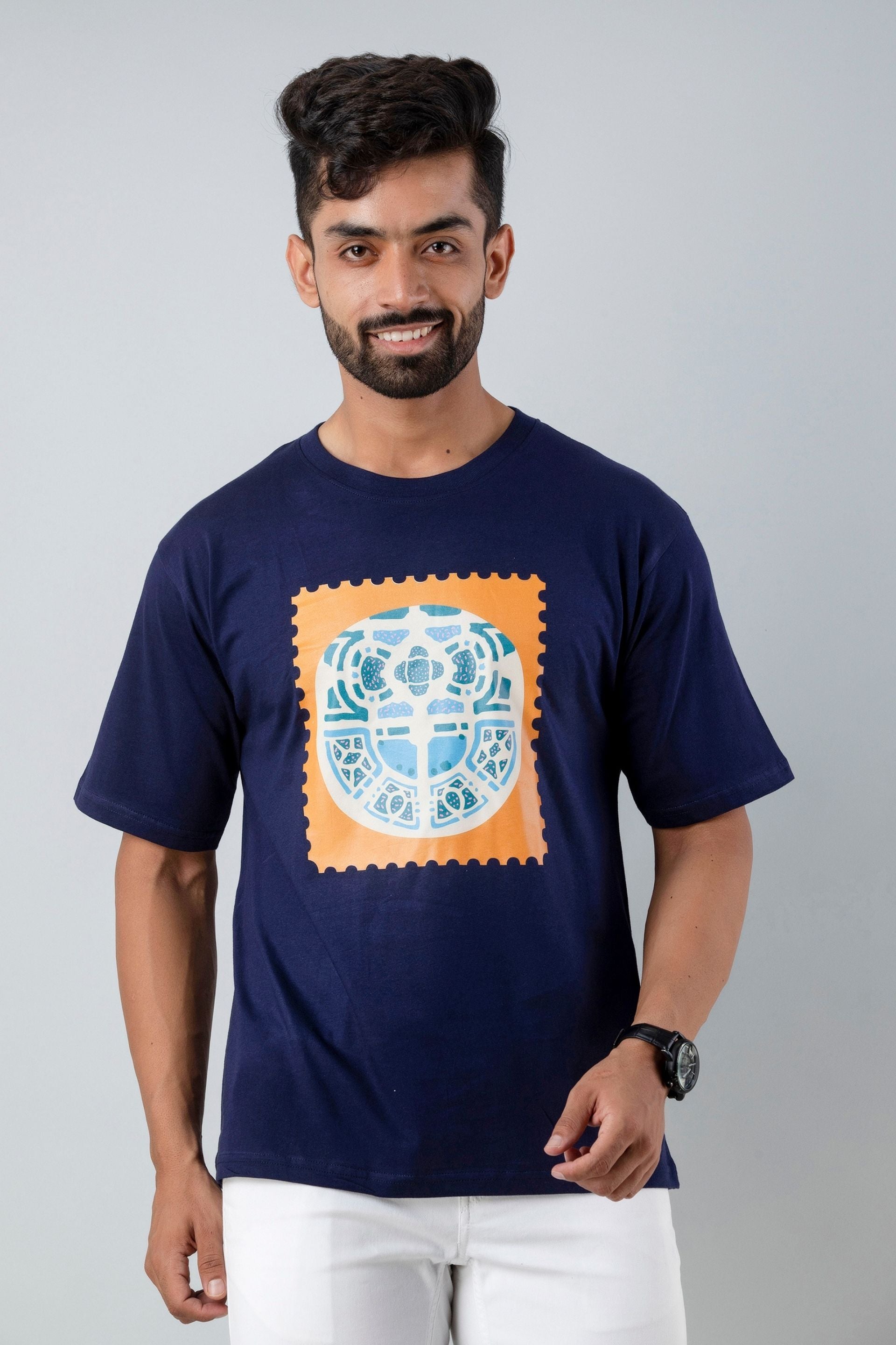 Firangi Yarn Oversize Tshirt in Dark Blue With Front Print (Baggy Tee)