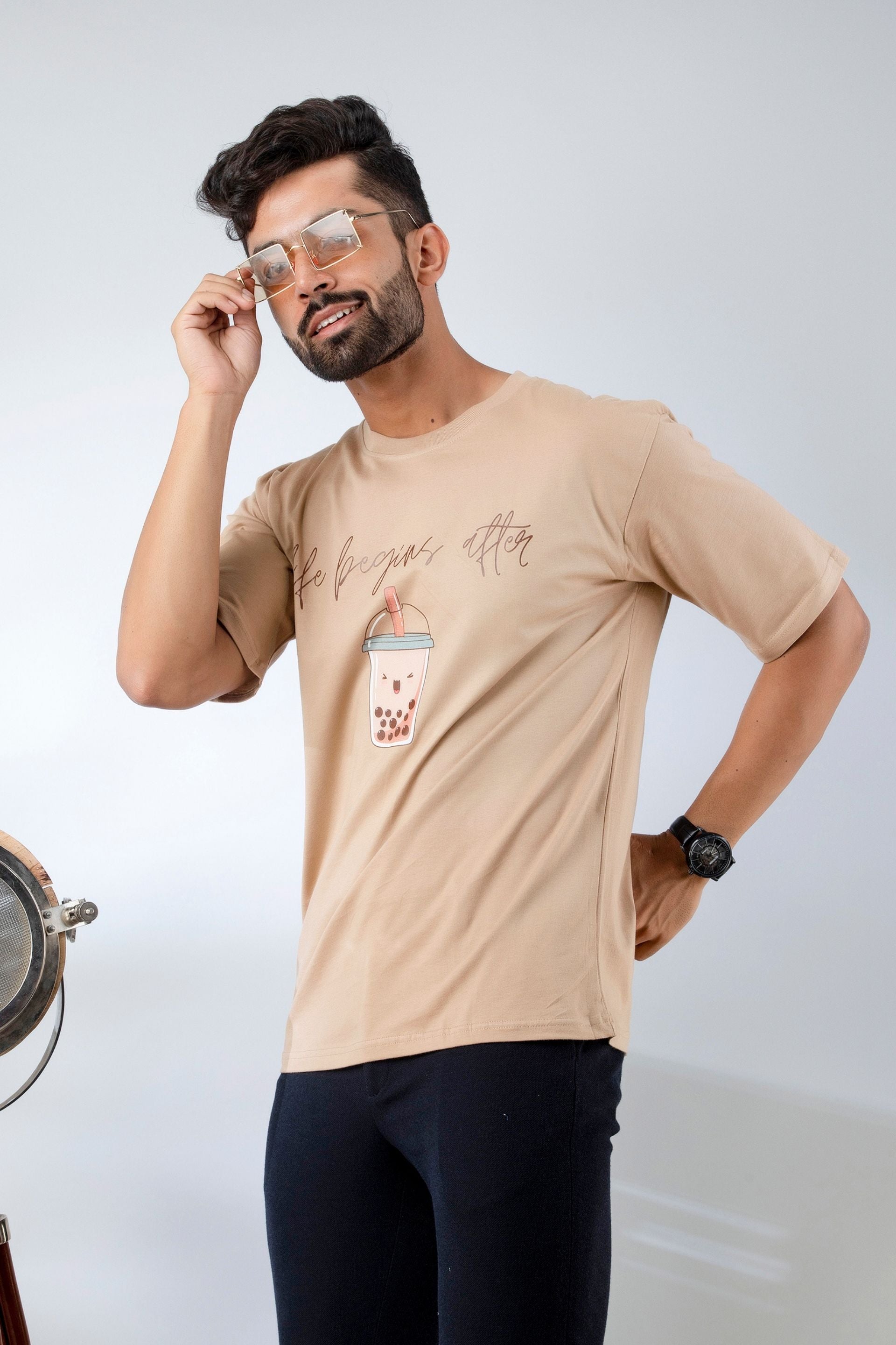 Firangi Yarn Oversize Tshirt in Coffee Brown/Taupe With Coffee Love Print (Baggy Tee)
