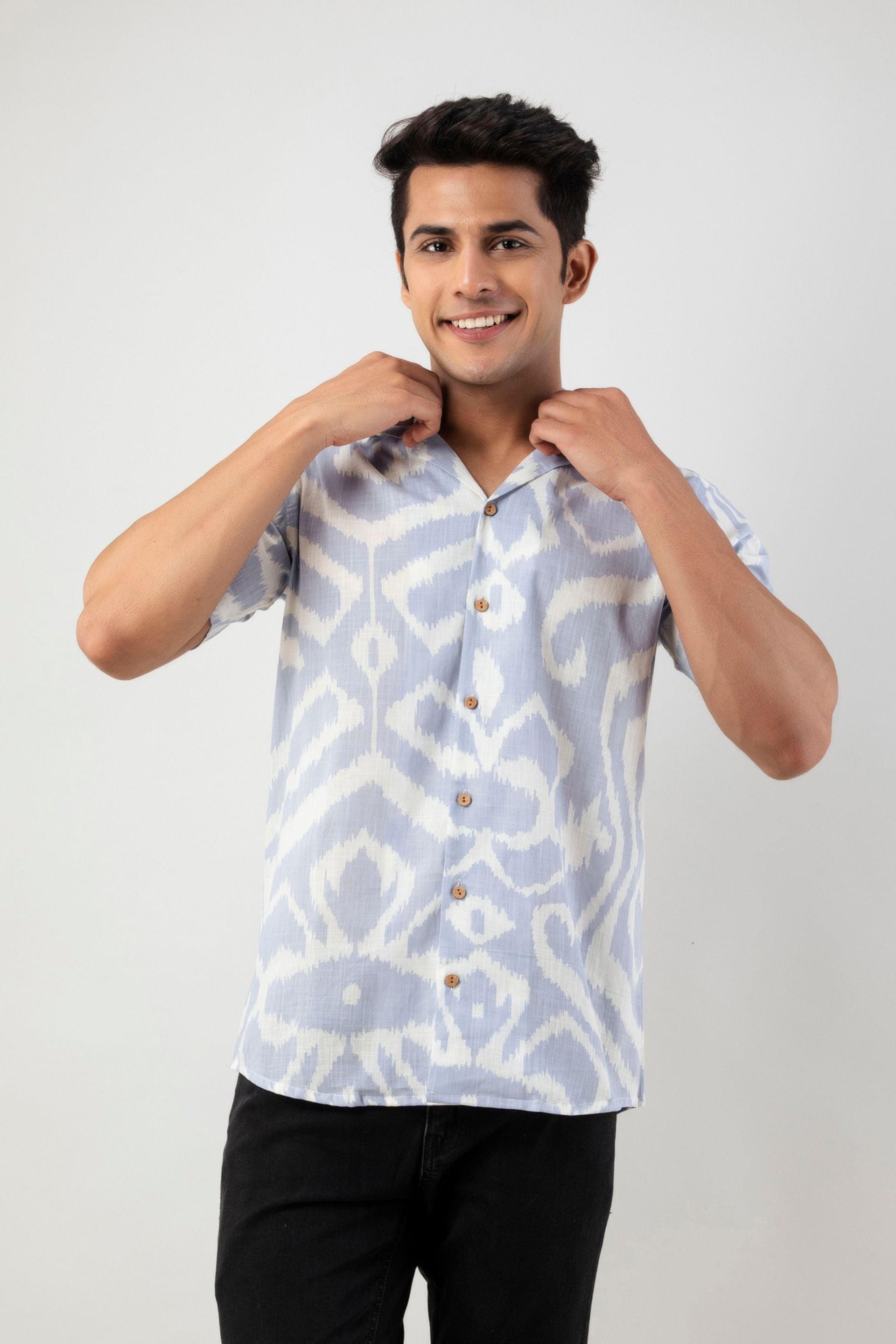 Firangi Yarn 100% Jaipuri Cotton Abstract Printed Cuban Collar Shirt- Lilac Color