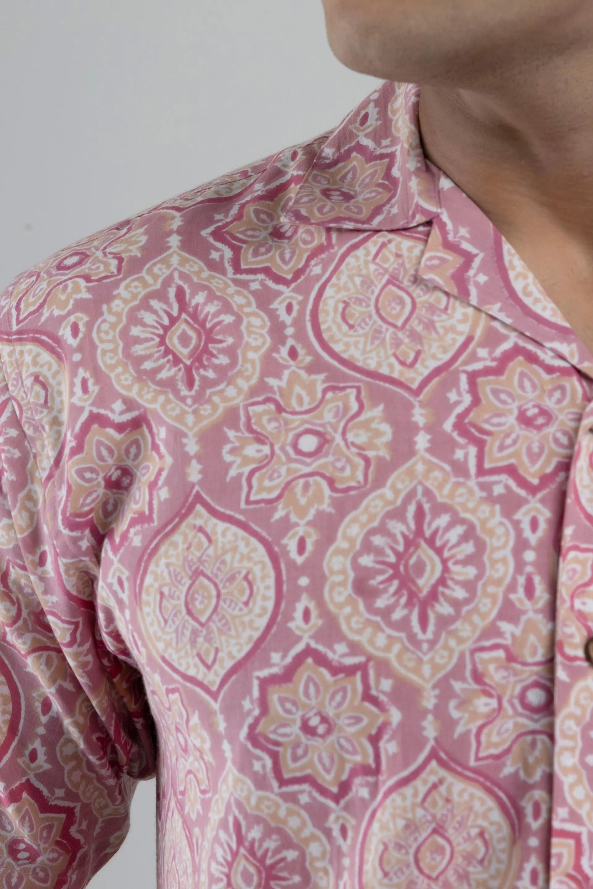 Firangi Yarn 100% Jaipuri Cotton Ajrakh Printed Cuban Collar Shirt-Pink