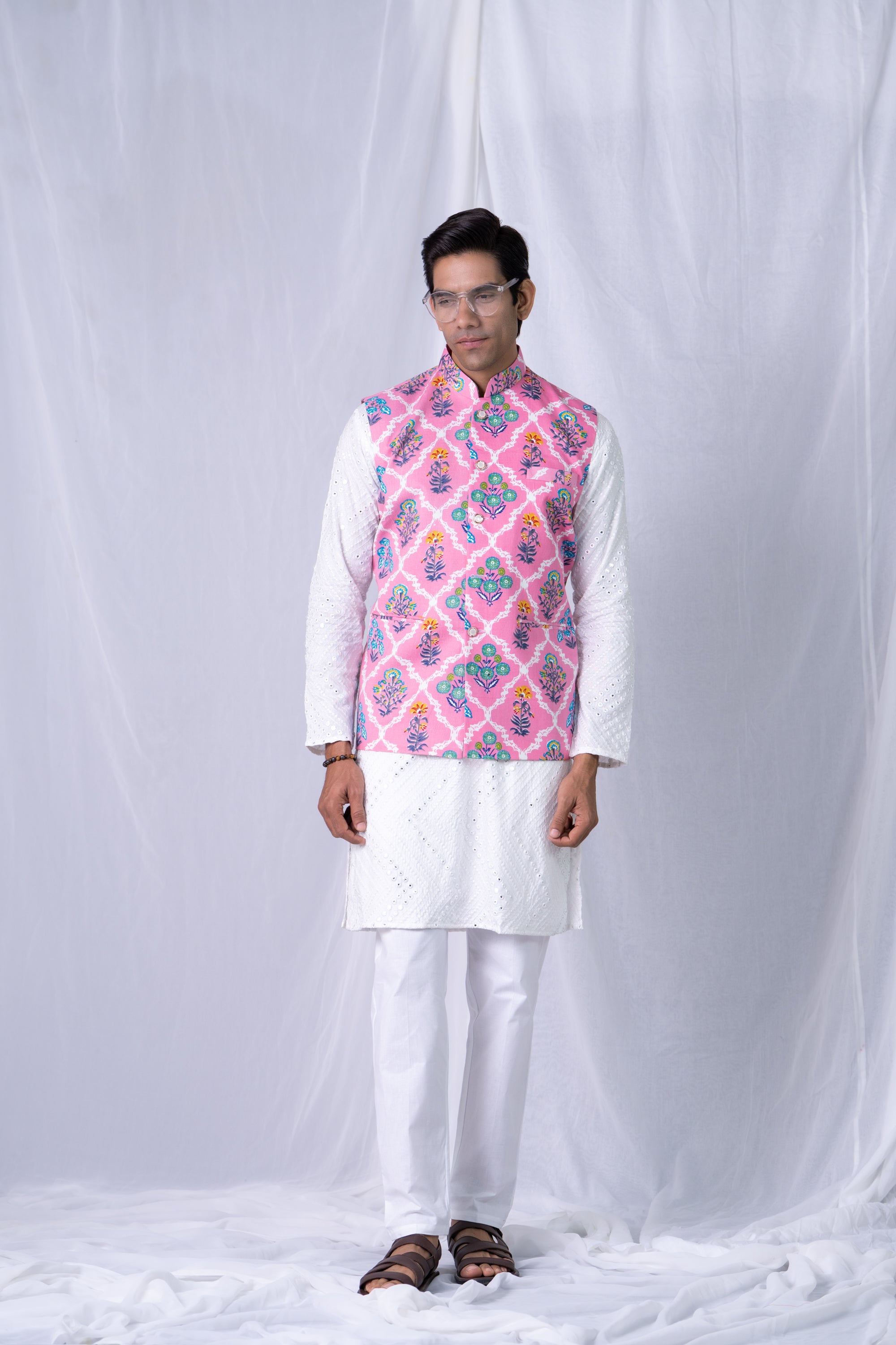 Firangi Yarn Cotton Block Printed Modi/Nehru Jacket Pink Bouquet For Haldi, Mehendi, Sangeet, Wedding, Diwali and More