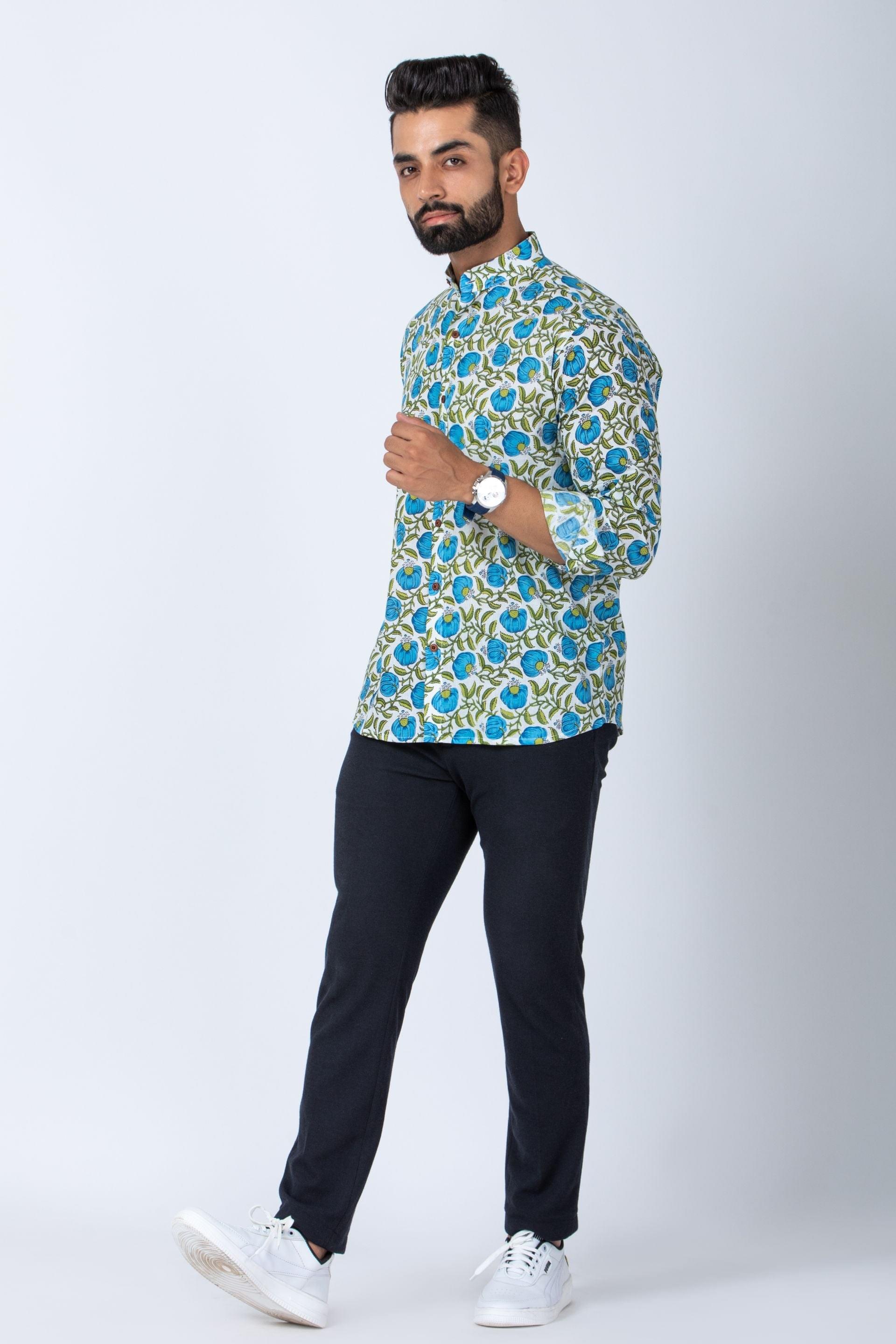 Firangi Yarn 100% Cotton Block Printed Full Sleeves Mandarin Collar Men's Shirt