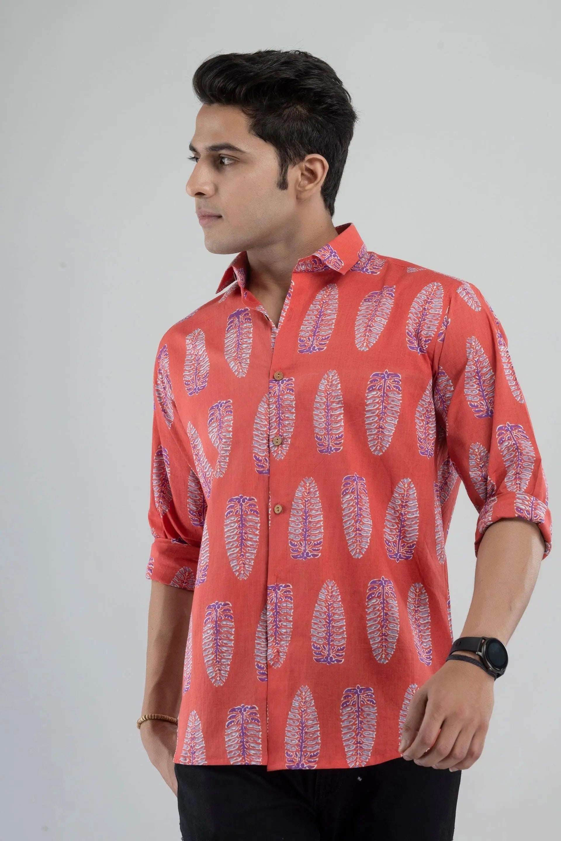 Firangi Yarn Ethnic Motif Block Printed Shirt For Men In Gajri Red-Full Sleeves