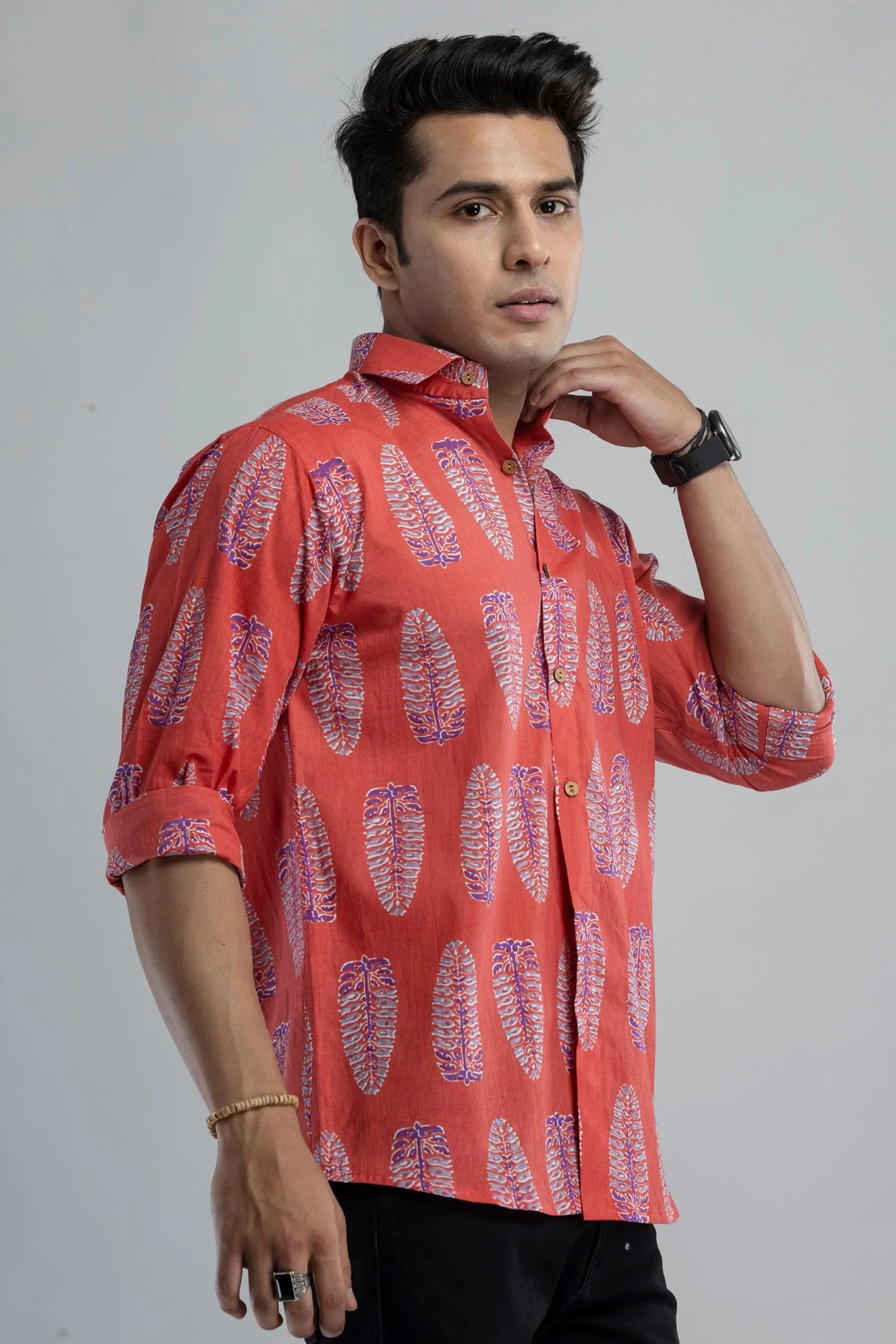 Firangi Yarn Ethnic Motif Block Printed Shirt For Men In Gajri Red-Full Sleeves