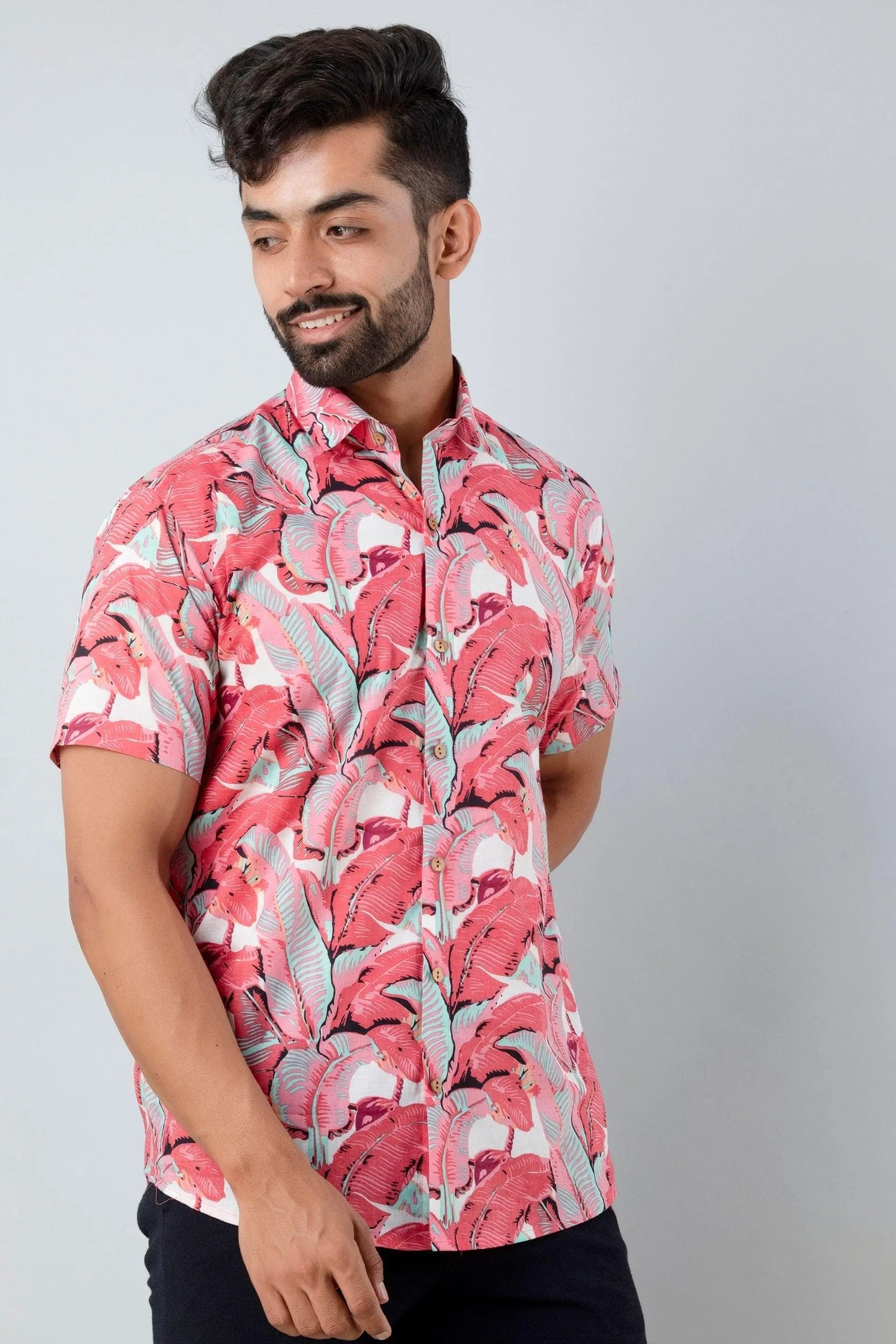 Firangi Yarn Block Printed Cotton Red Leaf Beach Printed Shirt For Men