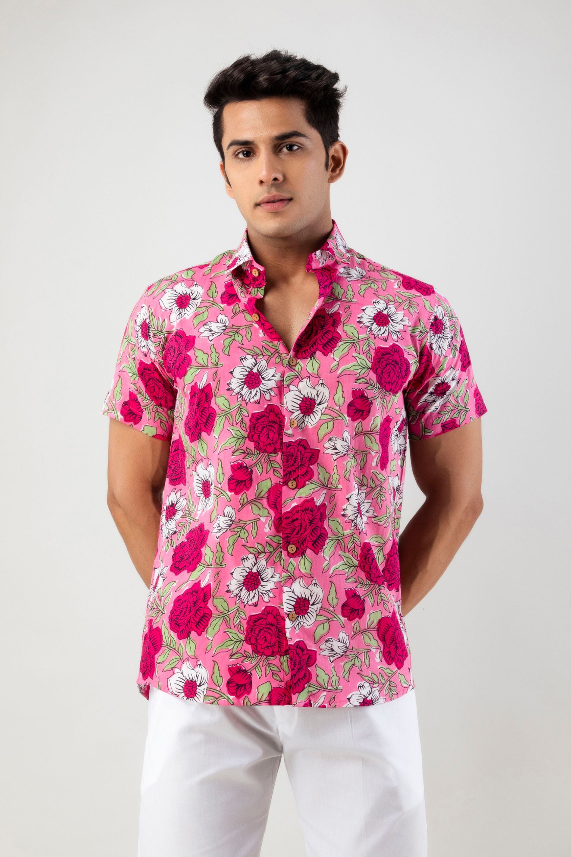 Firangi Yarn Pink Rosery Cotton Shirt For Men - Half Sleeves