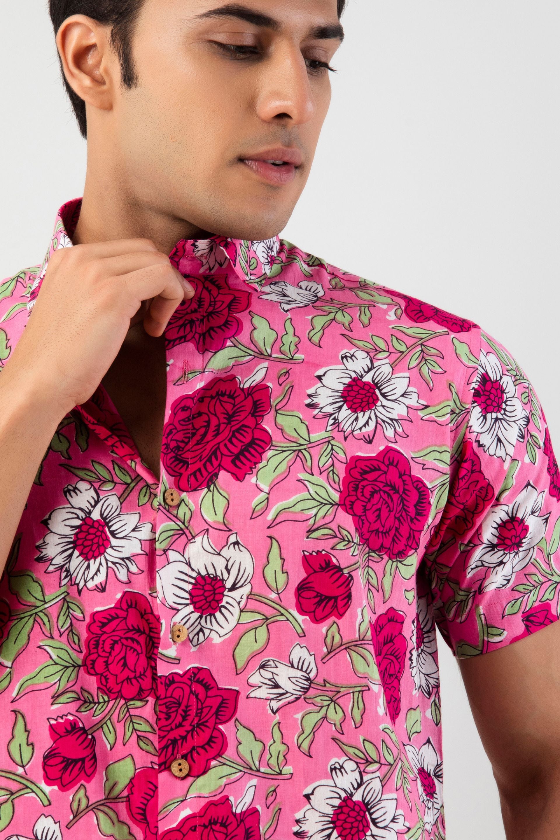 Firangi Yarn Pink Rosery Cotton Shirt For Men - Half Sleeves