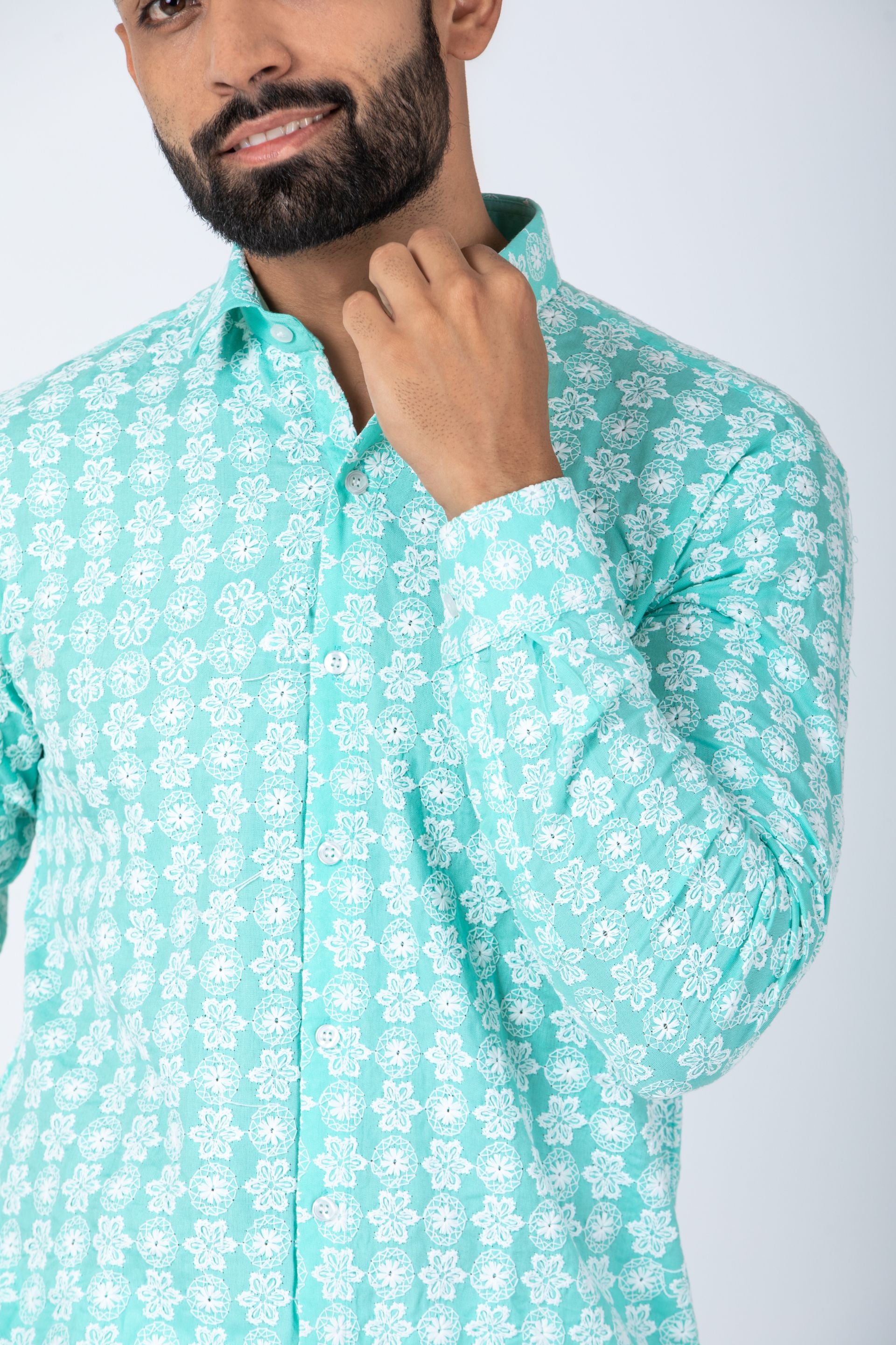 Firangi Yarn Super Soft Full Sleeves Chikankari schiffli Embroided Men's Shirt